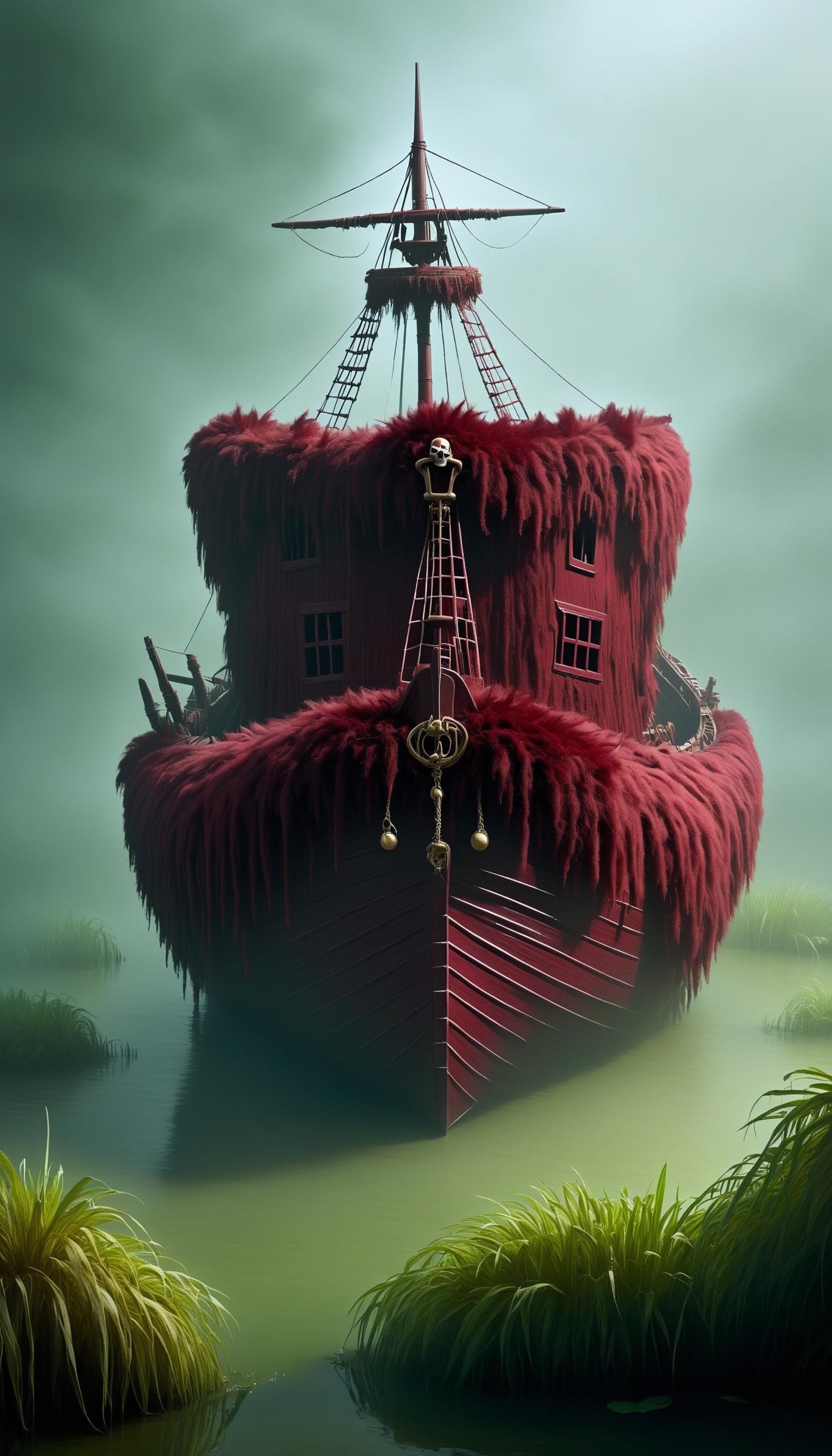 <lora:FluffyStyleXL:1.3> FluffyStyle Maroon a pirate ship stranded in a misty swamp, eerie silence around, fluffy