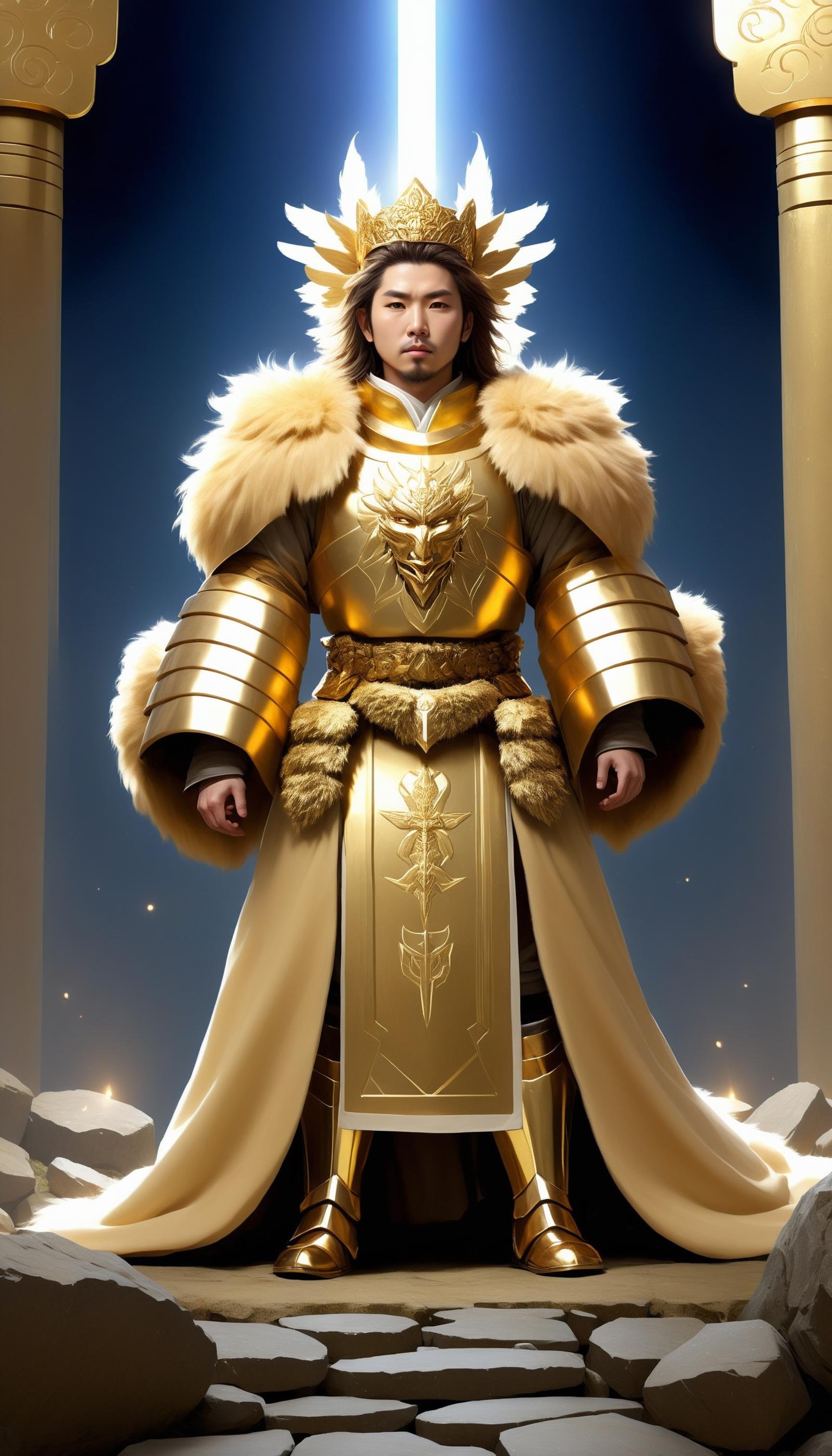 <lora:FluffyStyleXL:1.3> FluffyStyle Gold portrait,  looking down, solo, (full body:0.6), detailed background, (feudal japan theme:1.1), angelic face, divine fury, holy  cleric, praying, floating rocks, Copper battleworn light armor, [halo:crown:0.4] hovering above head, coat of arms,  divine smite, emitting otherworldly energy,  dim lighting, bright realistic lighting, reflections, abandoned ruins,  protective magical barrier, , hairy