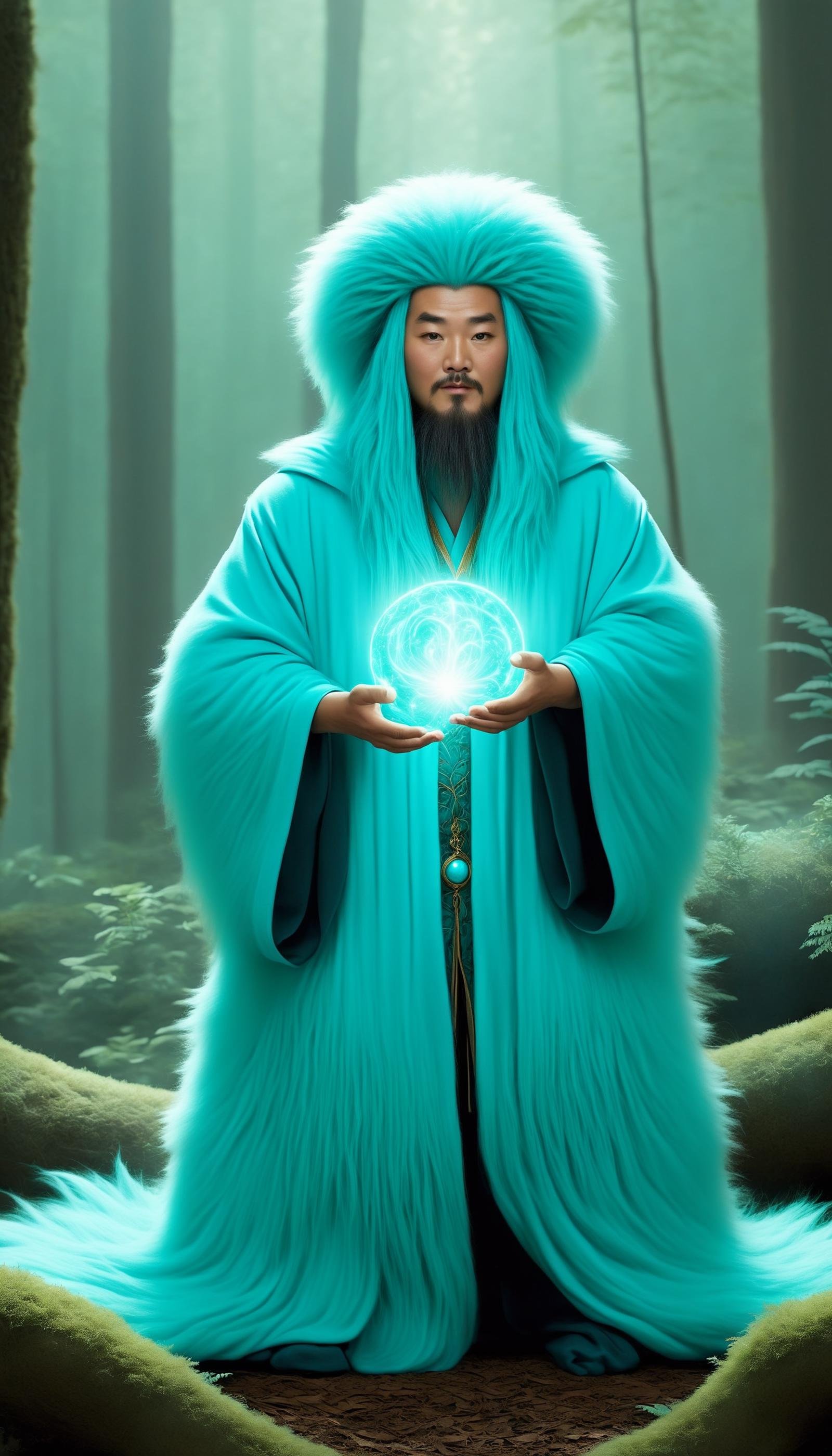 <lora:FluffyStyleXL:1.3> FluffyStyle Turquoise an Asian wizard casting a spell in an enchanted forest, fluffy