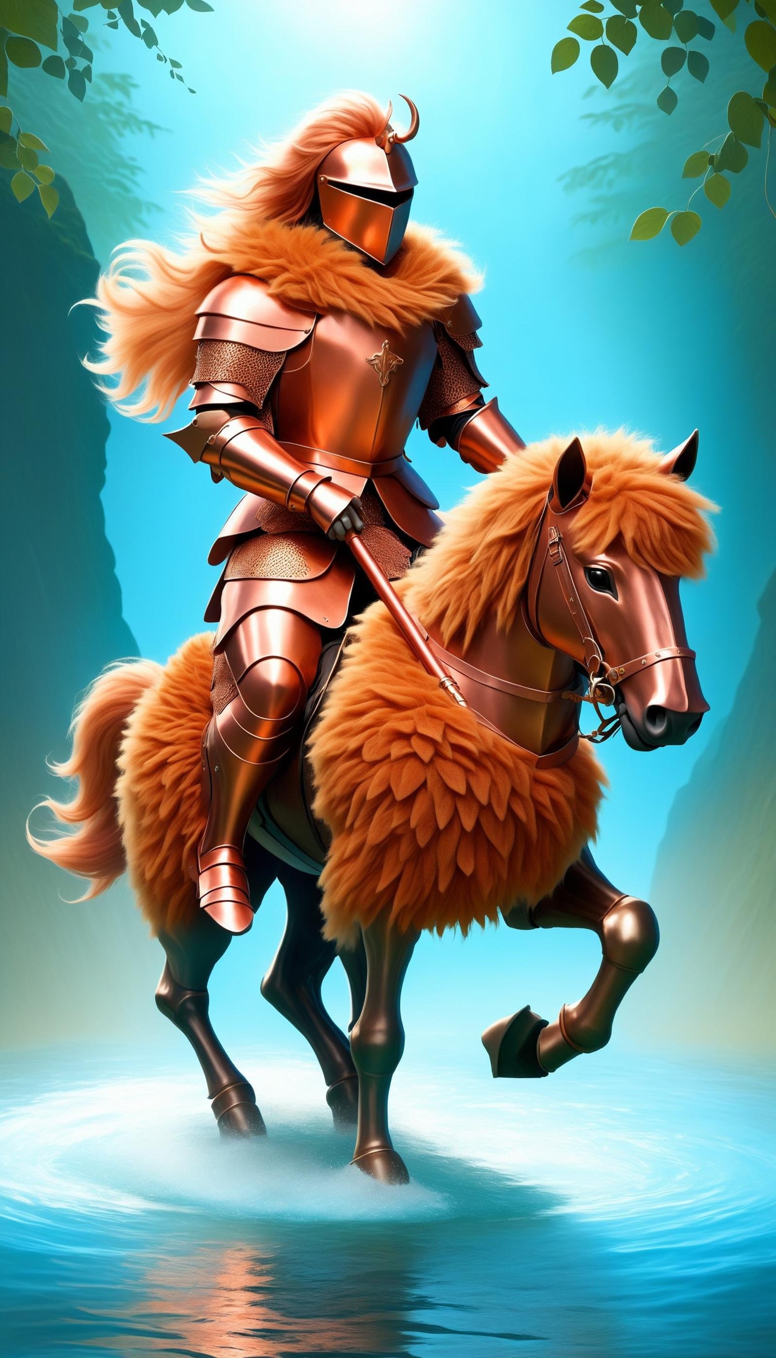 <lora:FluffyStyleXL:1.3> FluffyStyle Copper a European knight crossing an enchanted river on a mystical steed, fluffy