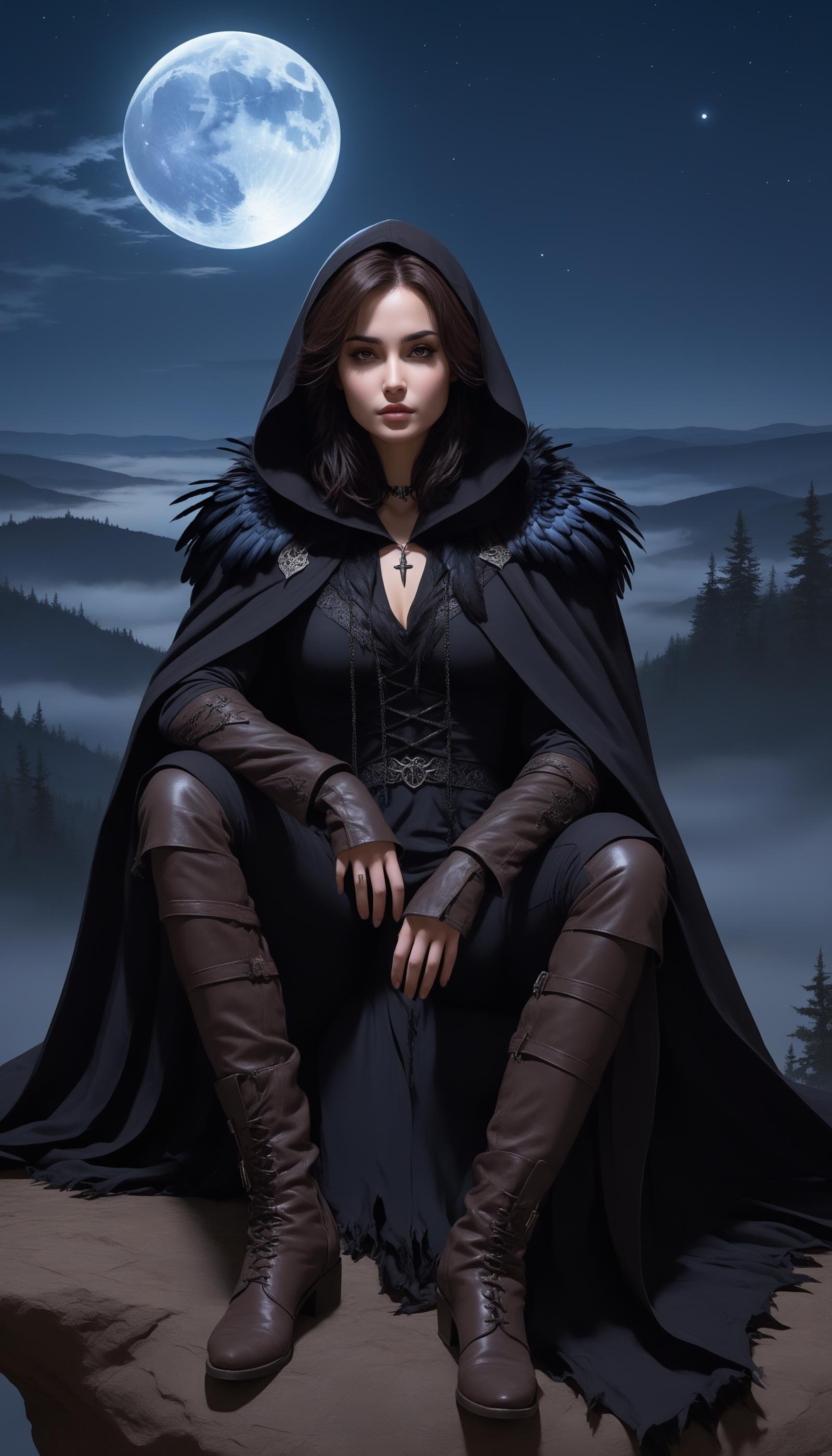 <lora:FluffyStyleXL:1.3> FluffyStyle Brown Style-GravityMagic,  solo, (full body:0.6), looking at viewer, detailed background, detailed face, (<lora:GothicHorrorAI:0.5>, gothichorrorai, gothic theme:1.1),  raven-warrior,  dark feathers, wearing tattered  cloak,  dark  raven emblem, calm,  sitting, raven themed symbolism,    echoes of the past, shimmering magical aura,   underworld in background, dusk,  moonlight, crescent moon, ethereal  dark energy,  foreboding atmosphere,, fuzzy