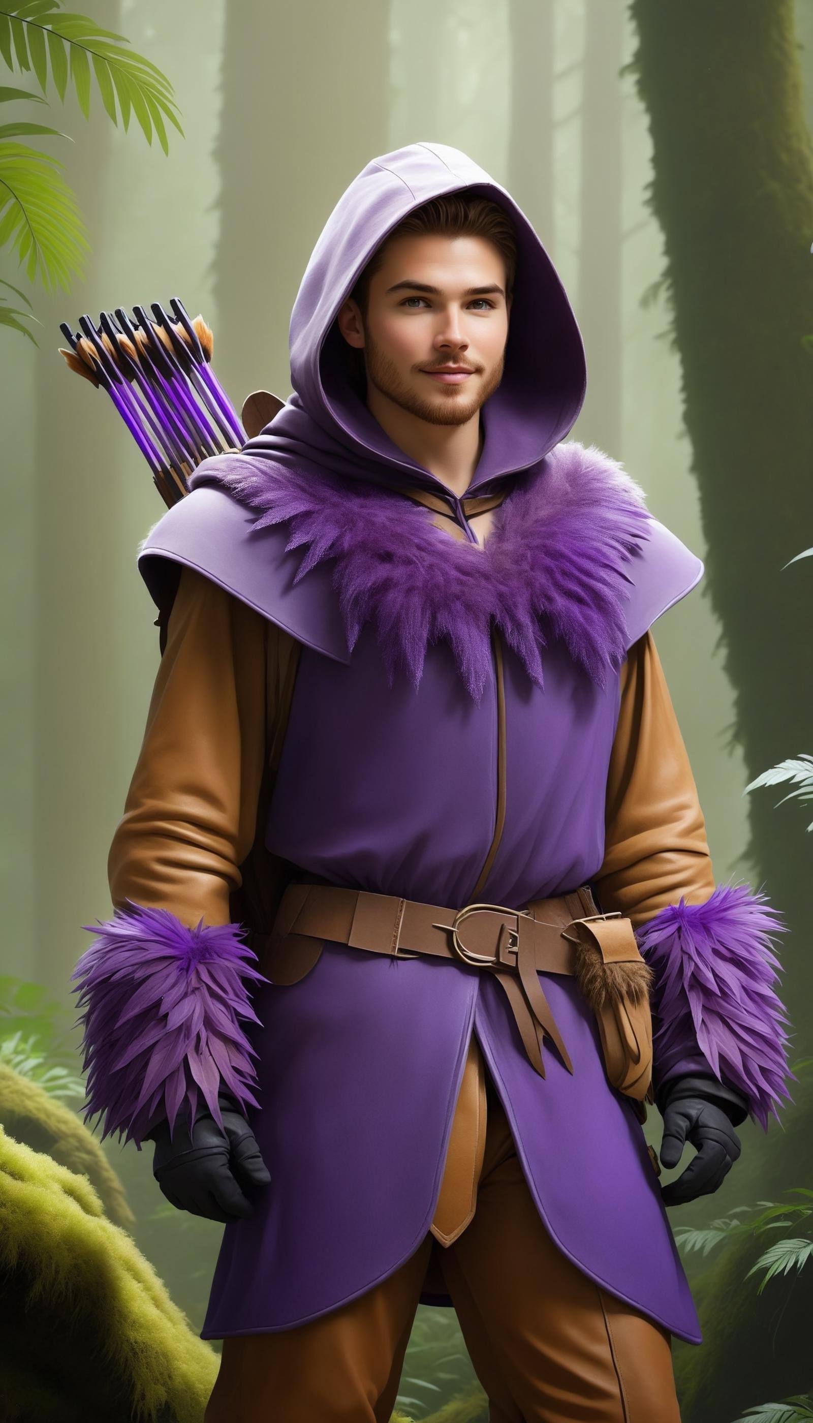 <lora:FluffyStyleXL:1.3> FluffyStyle Purple Style-GravityMagic, portrait, looking at viewer, solo, upper body, detailed background, detailed face, (tropical jungle theme:1.1) forest ranger, light smile, dynamic pose, medieval fantasy setting, high fantasy, brown furred leather clothes, cape,  hood,    serene forest, bushes, vines,  rocks, river,  evergreen trees, roots,     birds,  wildlife, arrows in quiver, crossbow, (snow:0.7), mist,, hairy