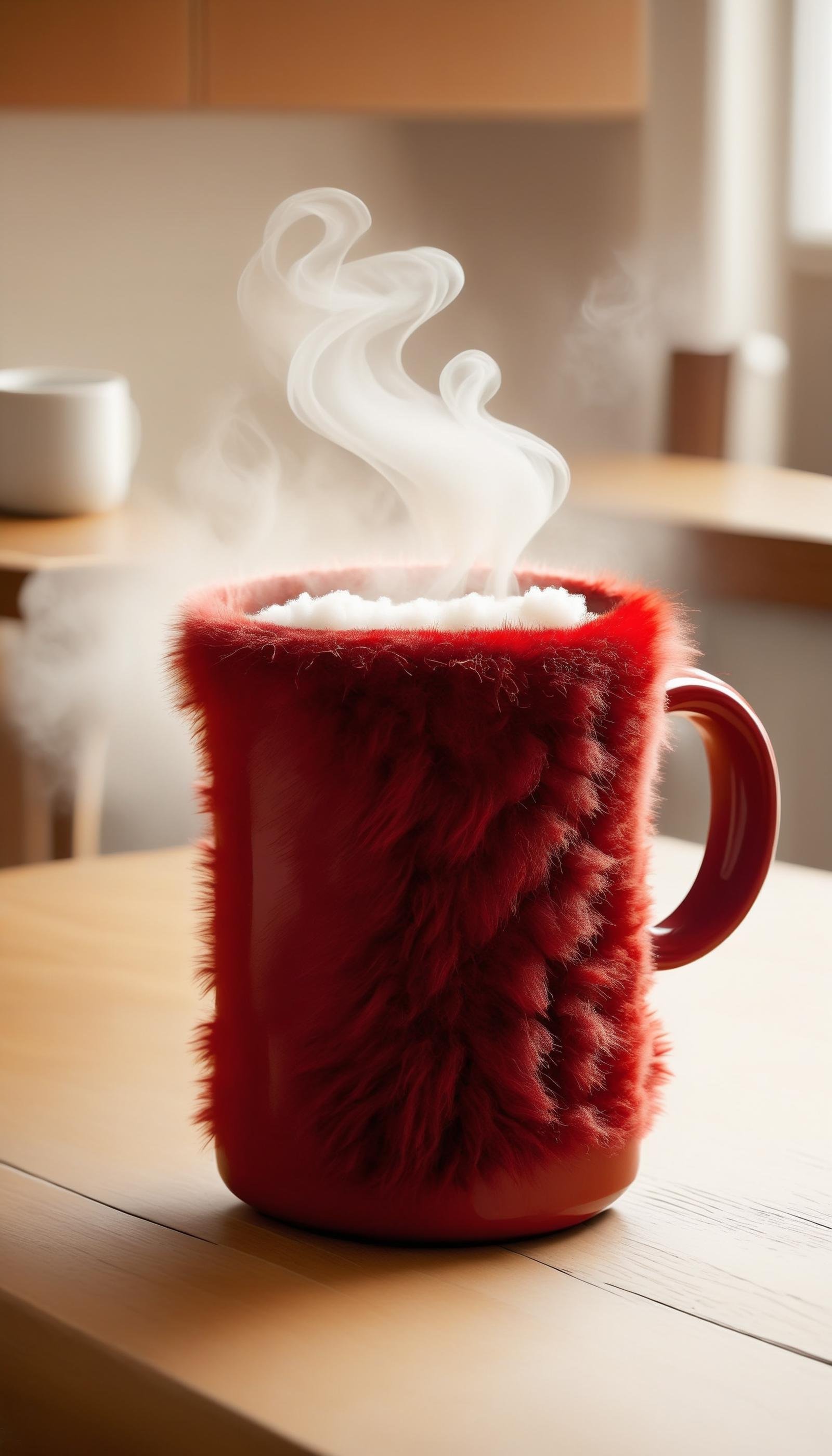 <lora:FluffyStyleXL:1.3> FluffyStyle Red a steaming cup of coffee in a chunky ceramic mug on a wooden table, fuzzy