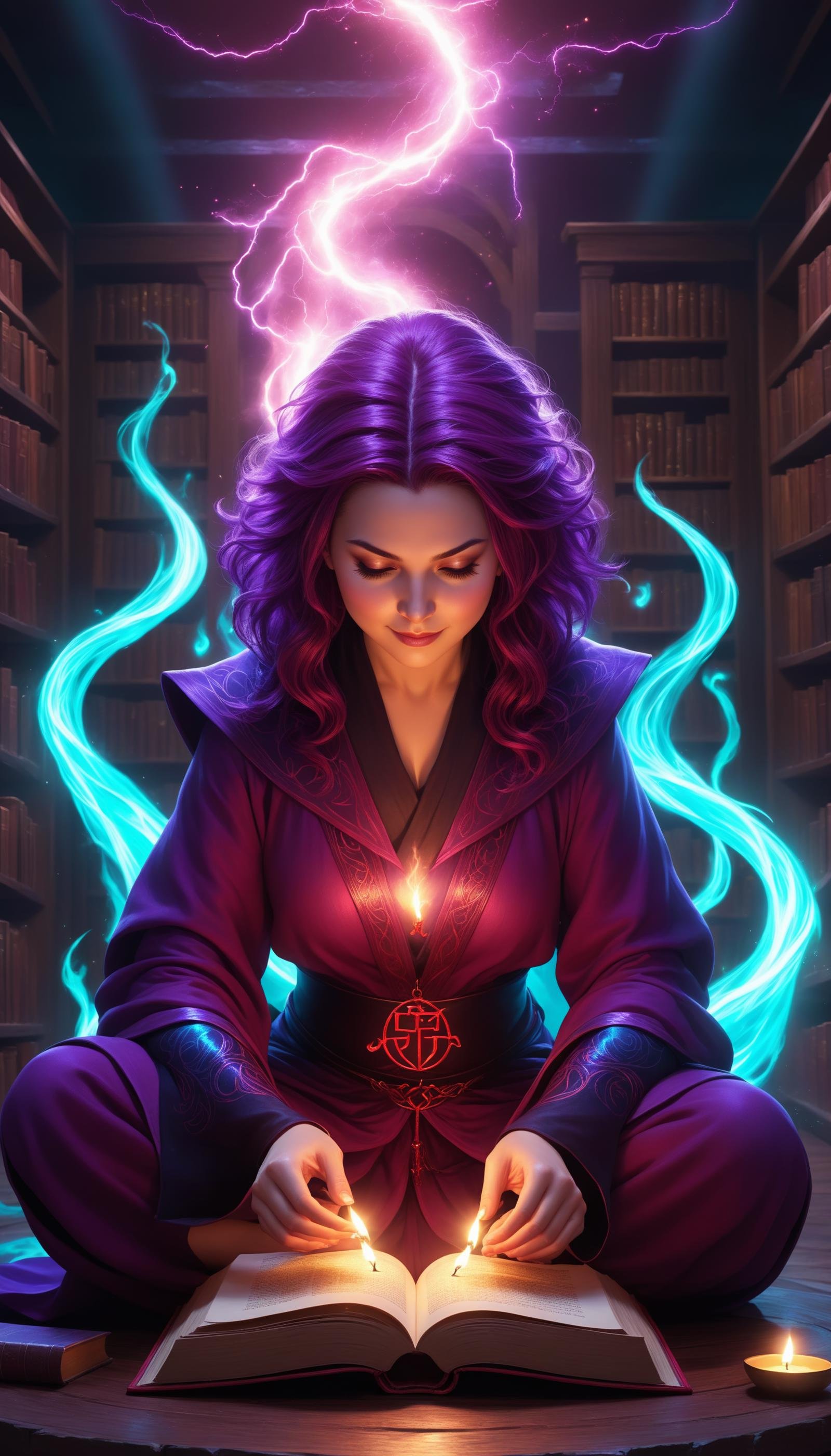 <lora:FluffyStyleXL:1.3> FluffyStyle Magenta  portrait, looking down, solo, (full body:0.6), detailed background, detailed face, (<lora:WoodIronAIv2:0.6>, WoodIronAI theme:1.1) evil mage,  Turquoise magical robes, (grin:0.8), purple color scheme, dark scarlet light, library,  glowing magical runes, evil book, dark atmosphere, shadows, realistic lighting, floating particles, sparks, surrounded by red lightning <lora:LightingVFX:0.1>, casting spell, summoning, (thick melting candles:0.8), red arcane symbols, corrupted by eldritch power, power-hungry eyes, bloom,, hairy