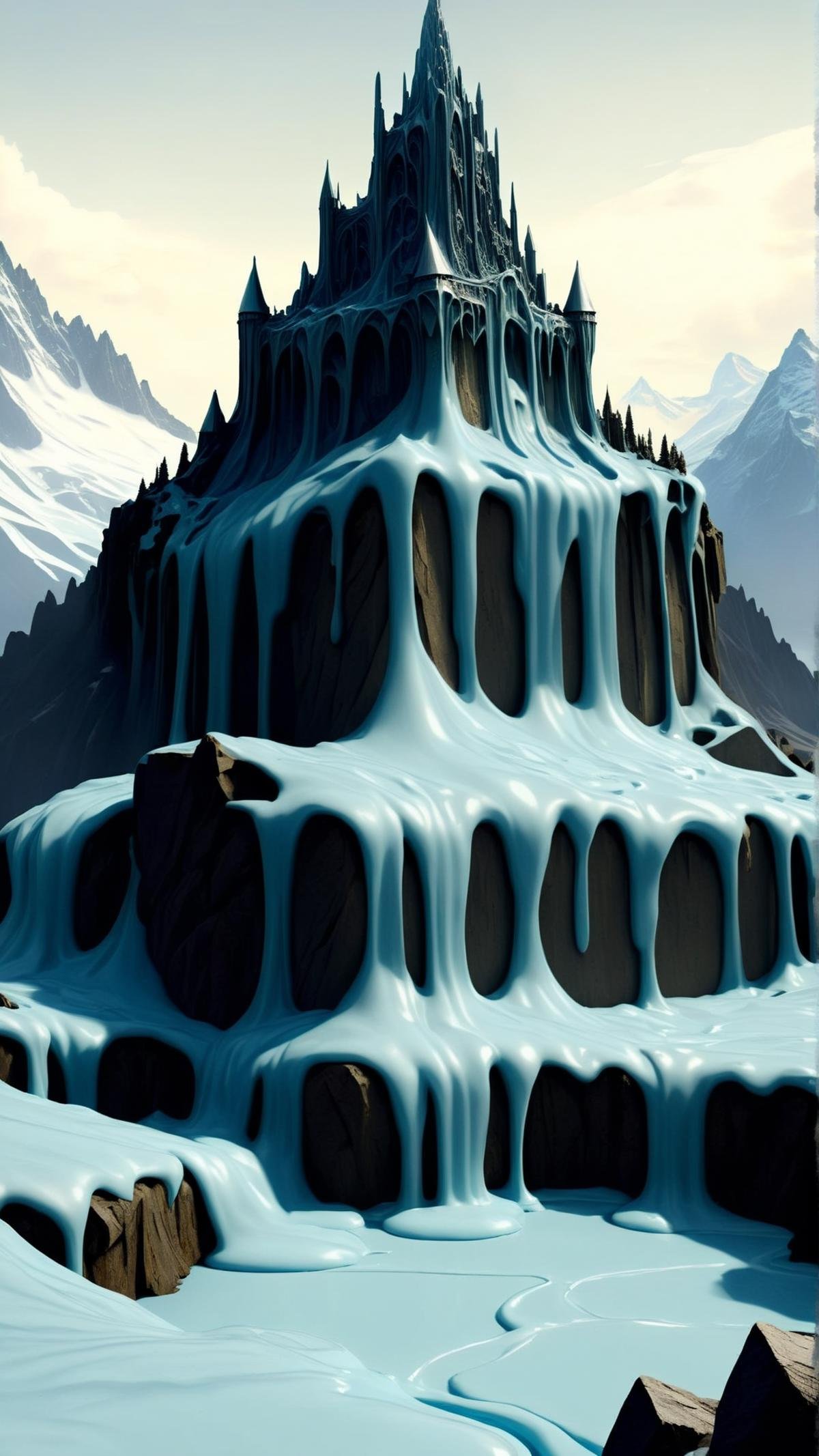 <lora:CheeseOnTopStyleXL:1> CheeseOnTopStyle, Blue cheese, the dwarven city of Erebor carved into the heart of the lonely mountain, melted liquid on top, (Masterpiece:1.3) (best quality:1.2) (high quality:1.1)