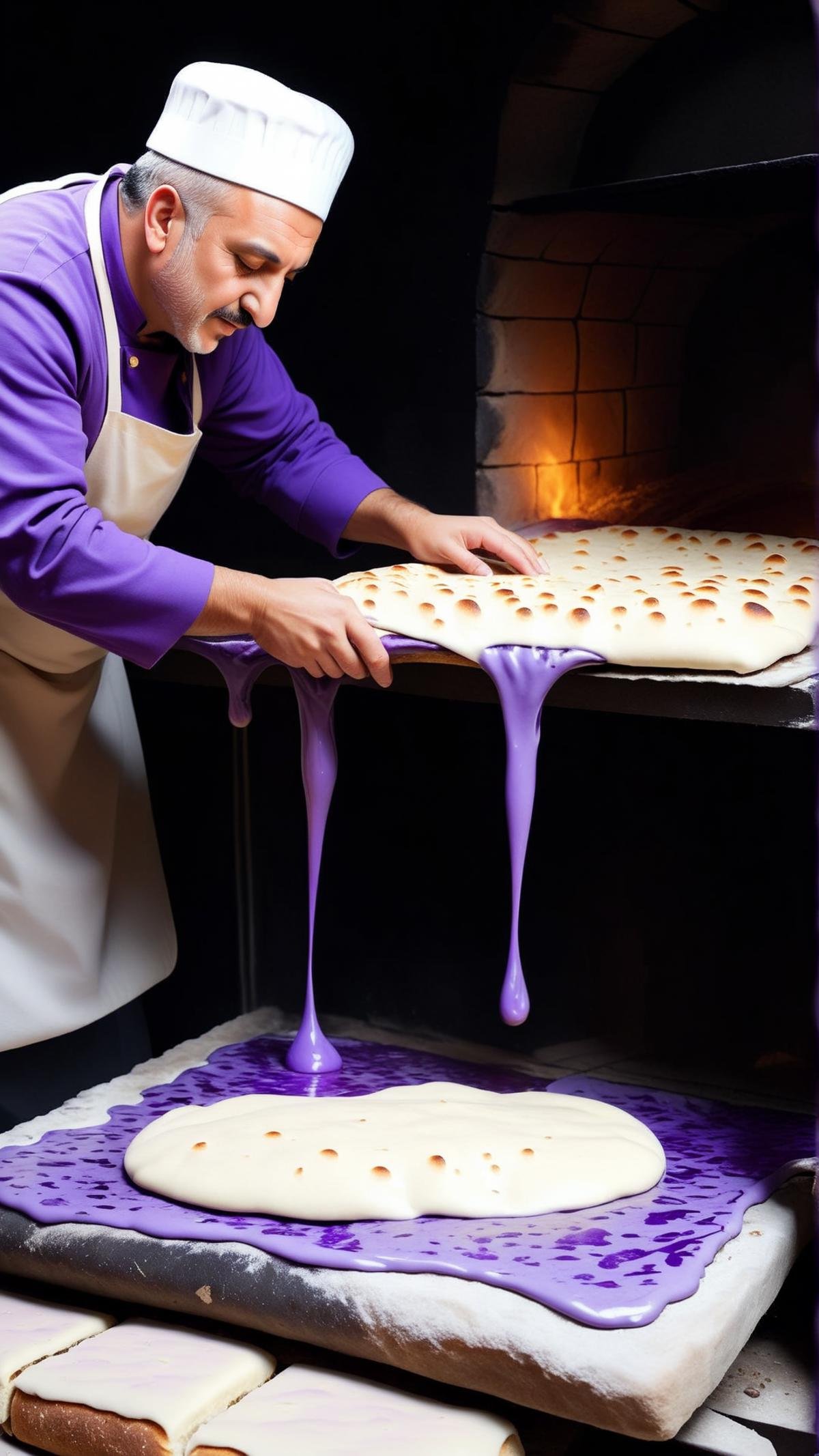 <lora:CheeseOnTopStyleXL:1> CheeseOnTopStyle, Purple cheese, a Turkish baker sliding flat bread into a traditional stone oven, melted liquid on top, (Masterpiece:1.3) (best quality:1.2) (high quality:1.1)