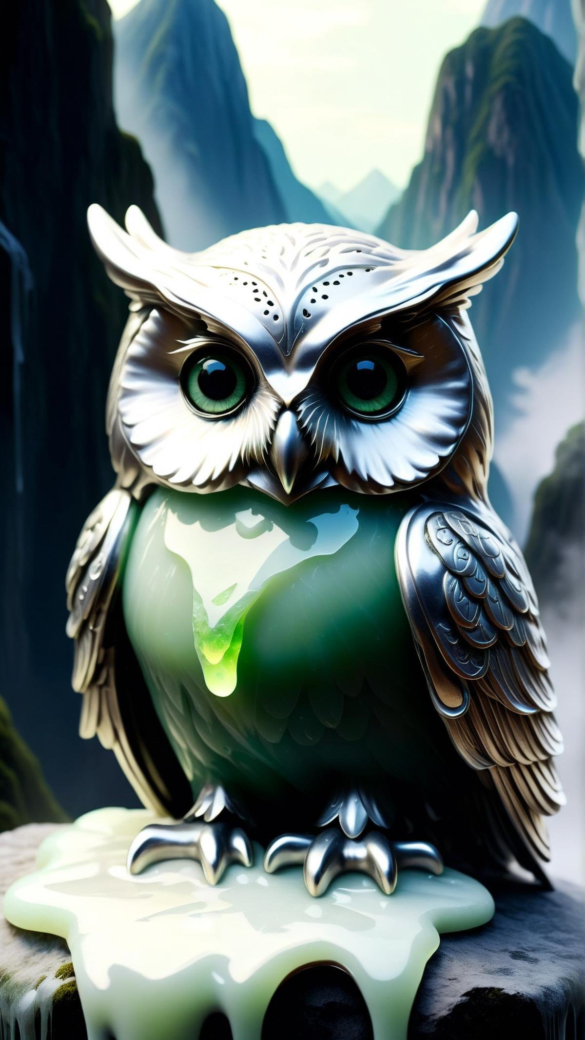 <lora:CheeseOnTopStyleXL:1> CheeseOnTopStyle, Silver cheese, a jade owl, eyes glowing with ancient wisdom, presiding over an enchanted mountain, melted liquid on top, (Masterpiece:1.3) (best quality:1.2) (high quality:1.1)