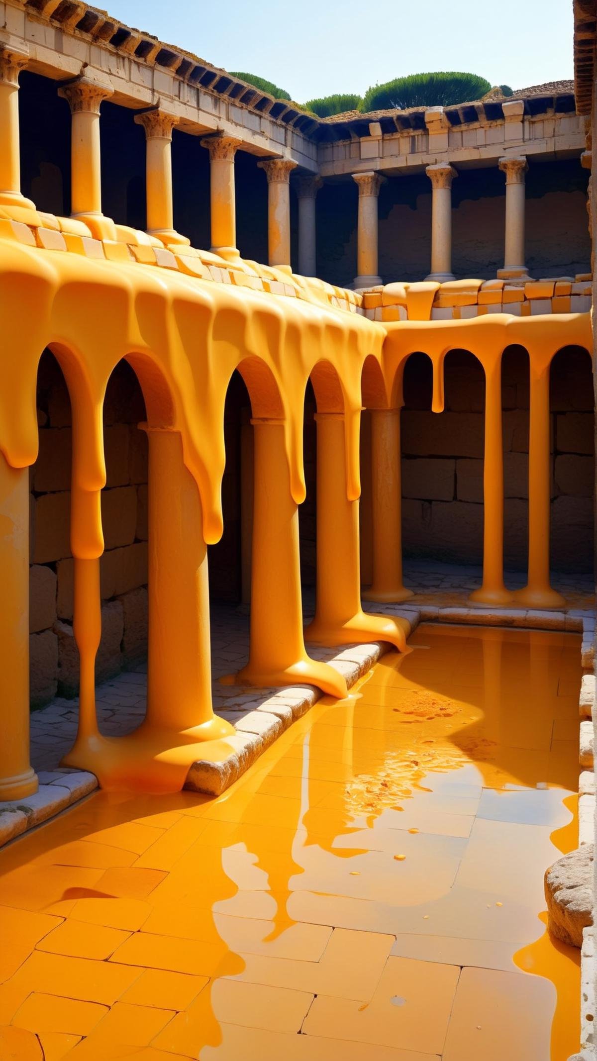 <lora:CheeseOnTopStyleXL:1> CheeseOnTopStyle, yellow (orange:0.8) cheese, the ruins of an ancient Roman bathhouse, with detailed mosaics still intact, melted liquid on top, (Masterpiece:1.3) (best quality:1.2) (high quality:1.1)