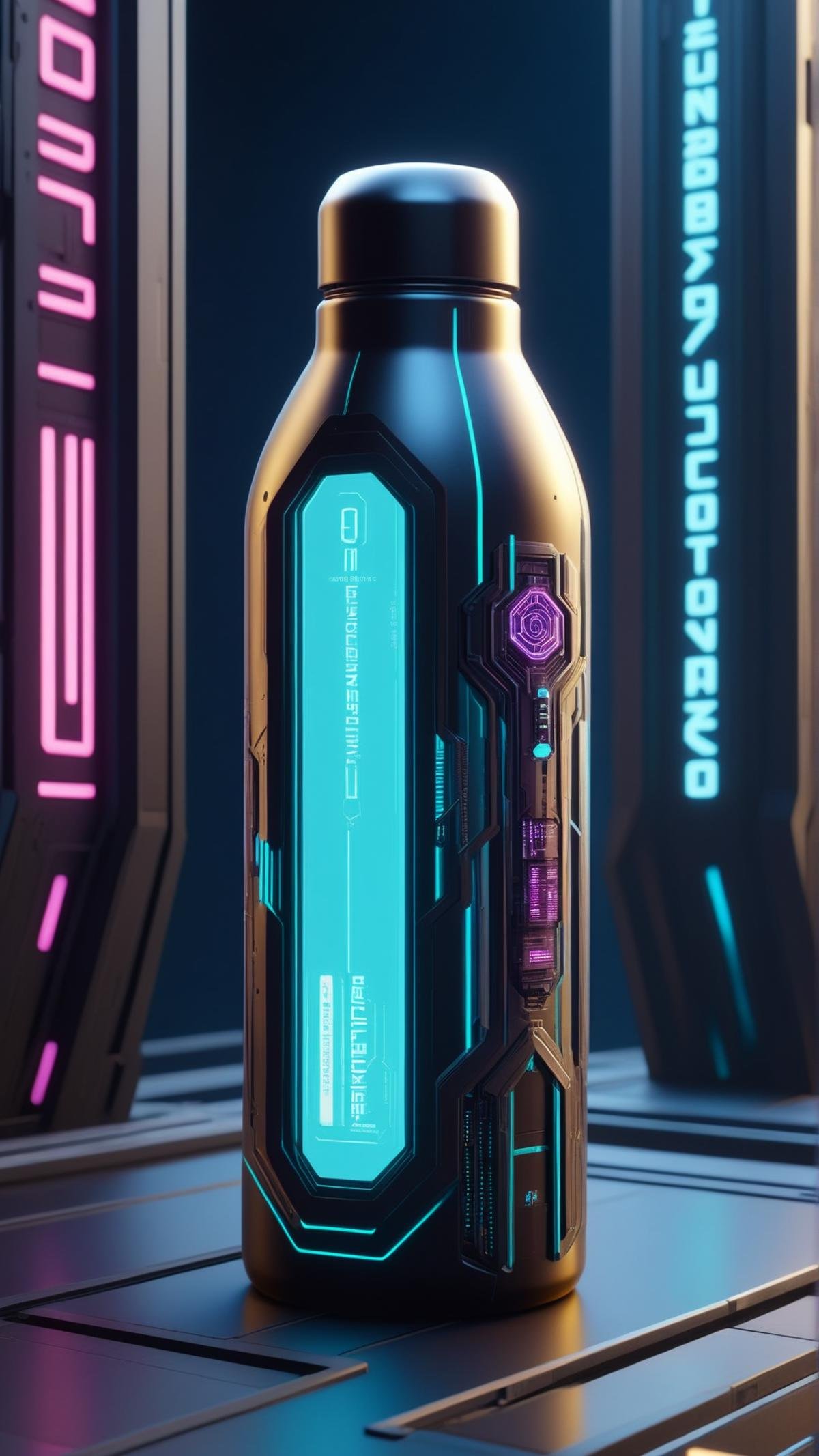 <lora:C7b3rp0nkStyleXL:1.3> C7b3rp0nkStyle bottle, cyberpunk, sci-fi, futuristic, tech