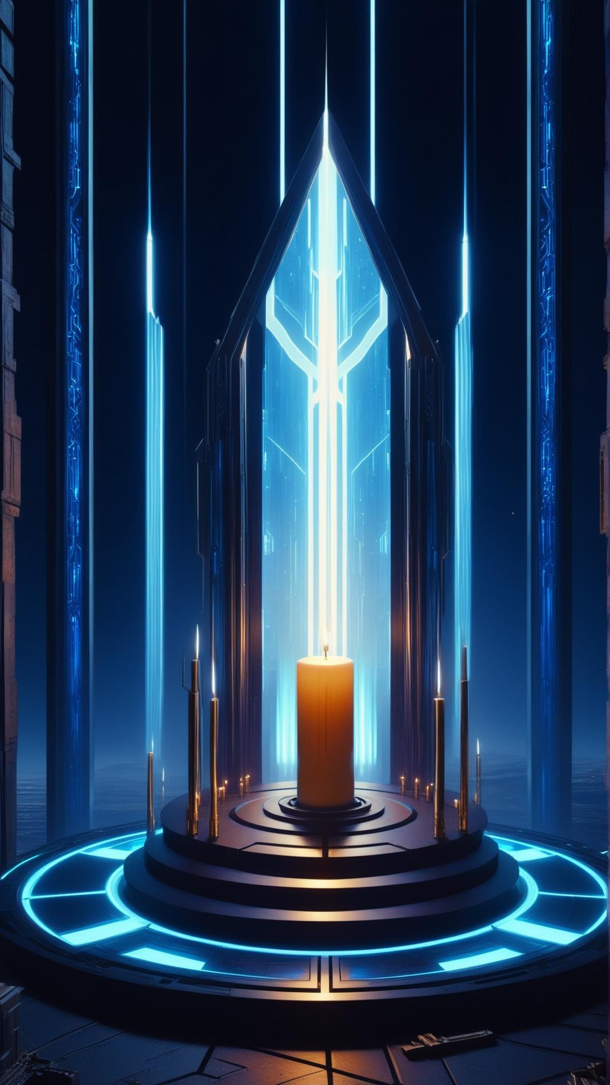 <lora:C7b3rp0nkStyleXL:1.3> C7b3rp0nkStyle a shrine on one of Jupiter's moons, candles burning with blue flames, cyberpunk, sci-fi, futuristic, tech