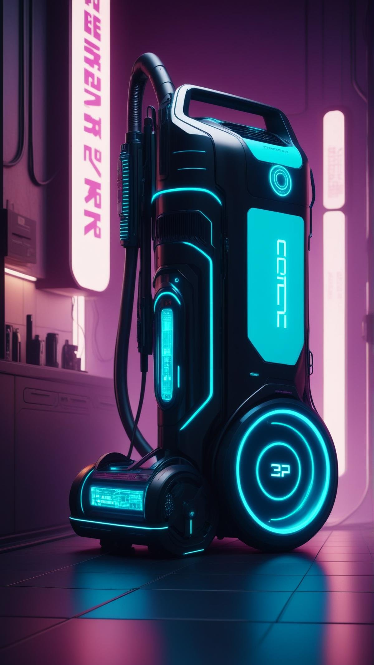 <lora:C7b3rp0nkStyleXL:1.3> C7b3rp0nkStyle Vacuum cleaner, cyberpunk, sci-fi, futuristic, tech