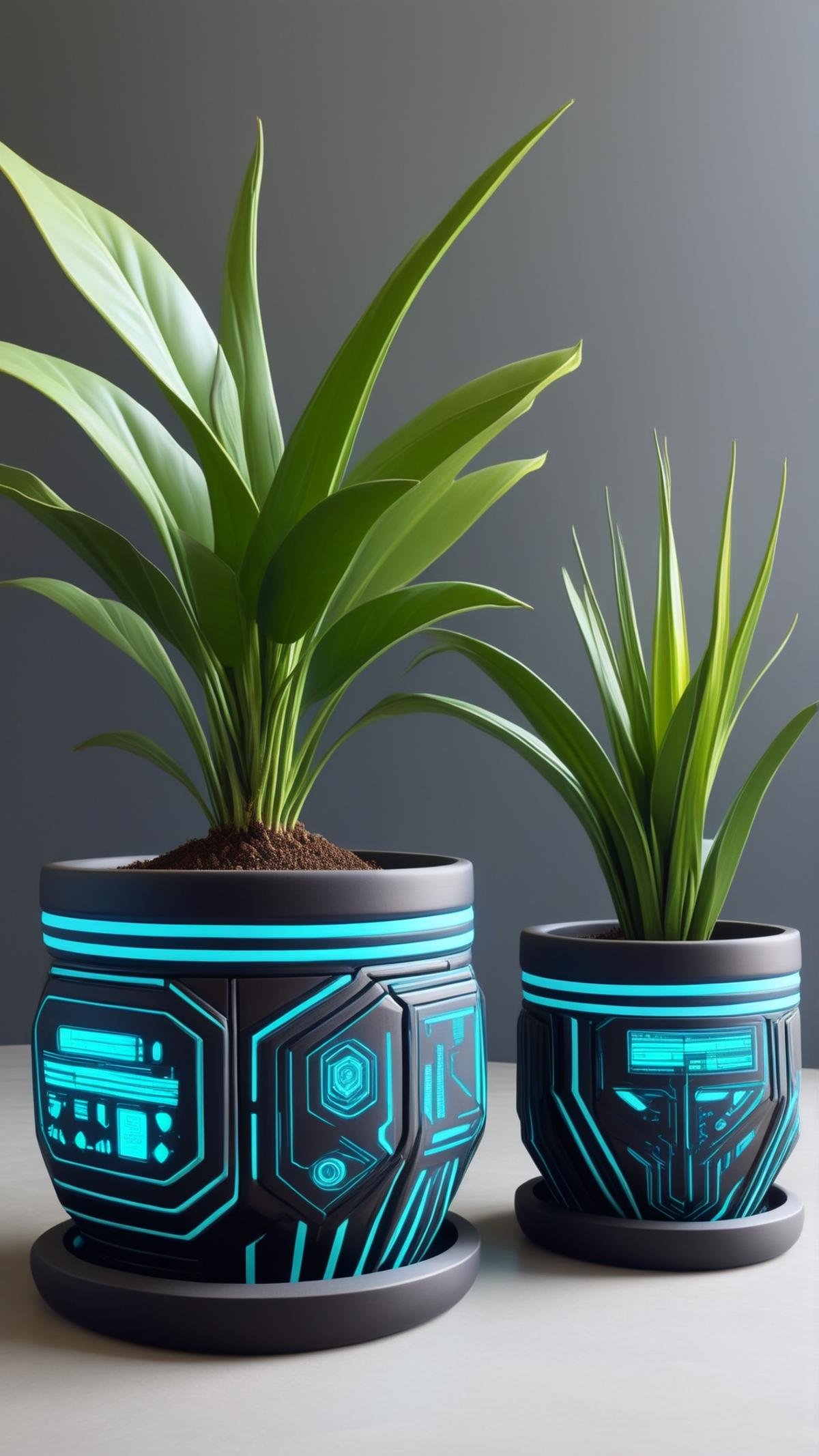 <lora:C7b3rp0nkStyleXL:1.3> C7b3rp0nkStyle handmade ceramic plant pot set, cyberpunk, sci-fi, futuristic, tech