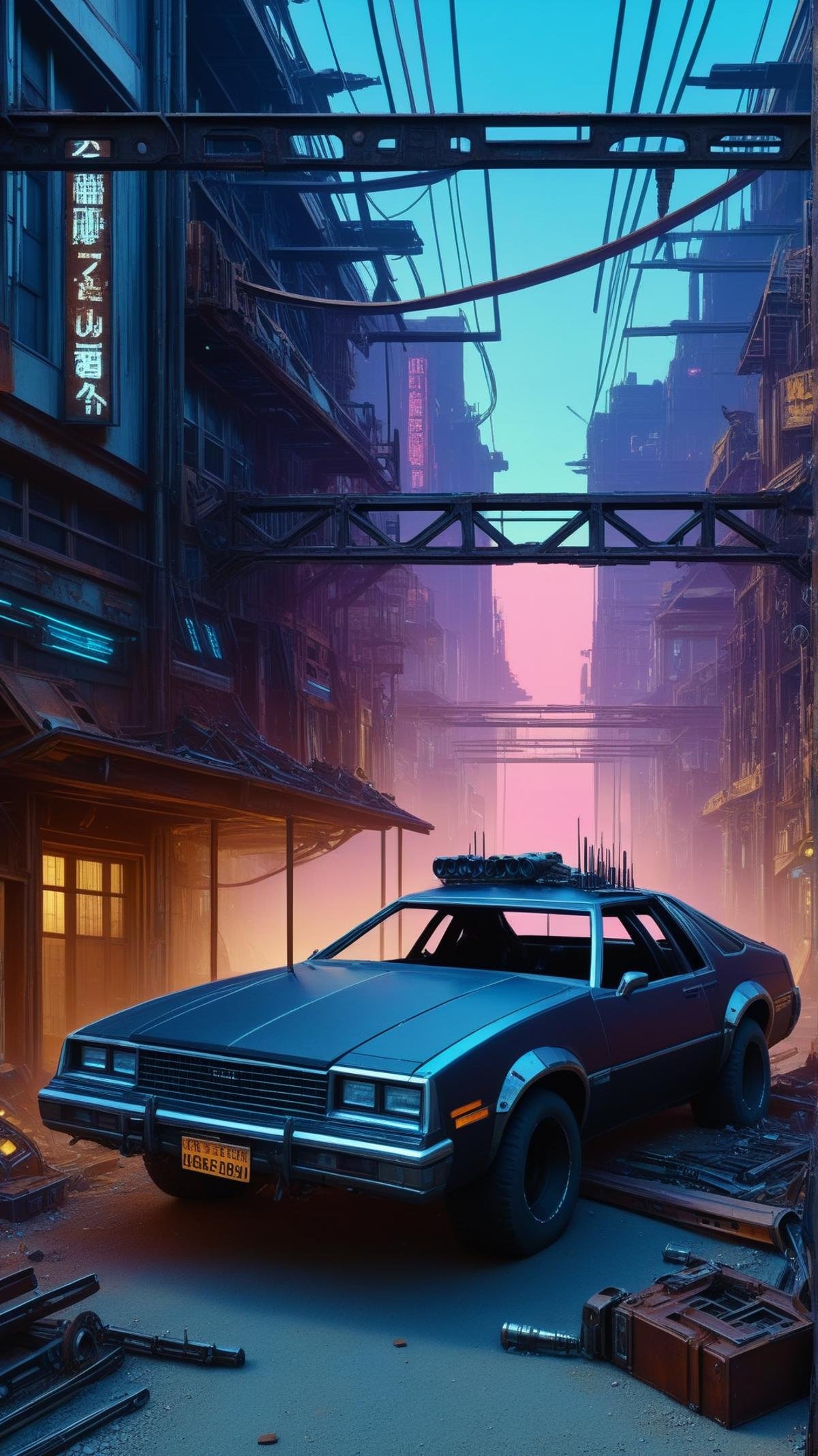 <lora:C7b3rp0nkStyleXL:1.3> C7b3rp0nkStyle a wild west town seen through the frame of a rusted car wreckage, cyberpunk, sci-fi, futuristic, tech