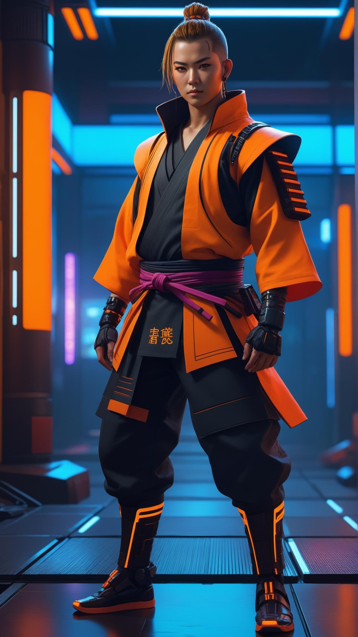 <lora:C7b3rp0nkStyleXL:1.3> C7b3rp0nkStyle portrait, solo, (full body:0.6), looking at viewer, detailed background, detailed face, (<lora:CyberPunkAI:0.6>, neon, CyberpunkAI theme:1.1), samurai, Orange samurai clothing,      dojo in background,  cinematic atmosphere,, cyberpunk, sci-fi, futuristic, tech