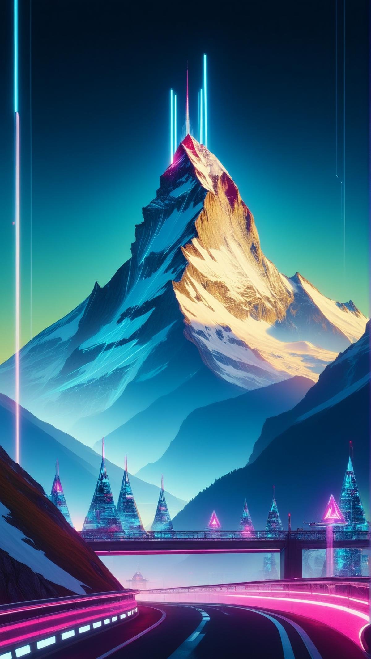 <lora:C7b3rp0nkStyleXL:1.3> C7b3rp0nkStyle the towering peaks of the Matterhorn, a Swiss landmark, cyberpunk, sci-fi, futuristic, tech