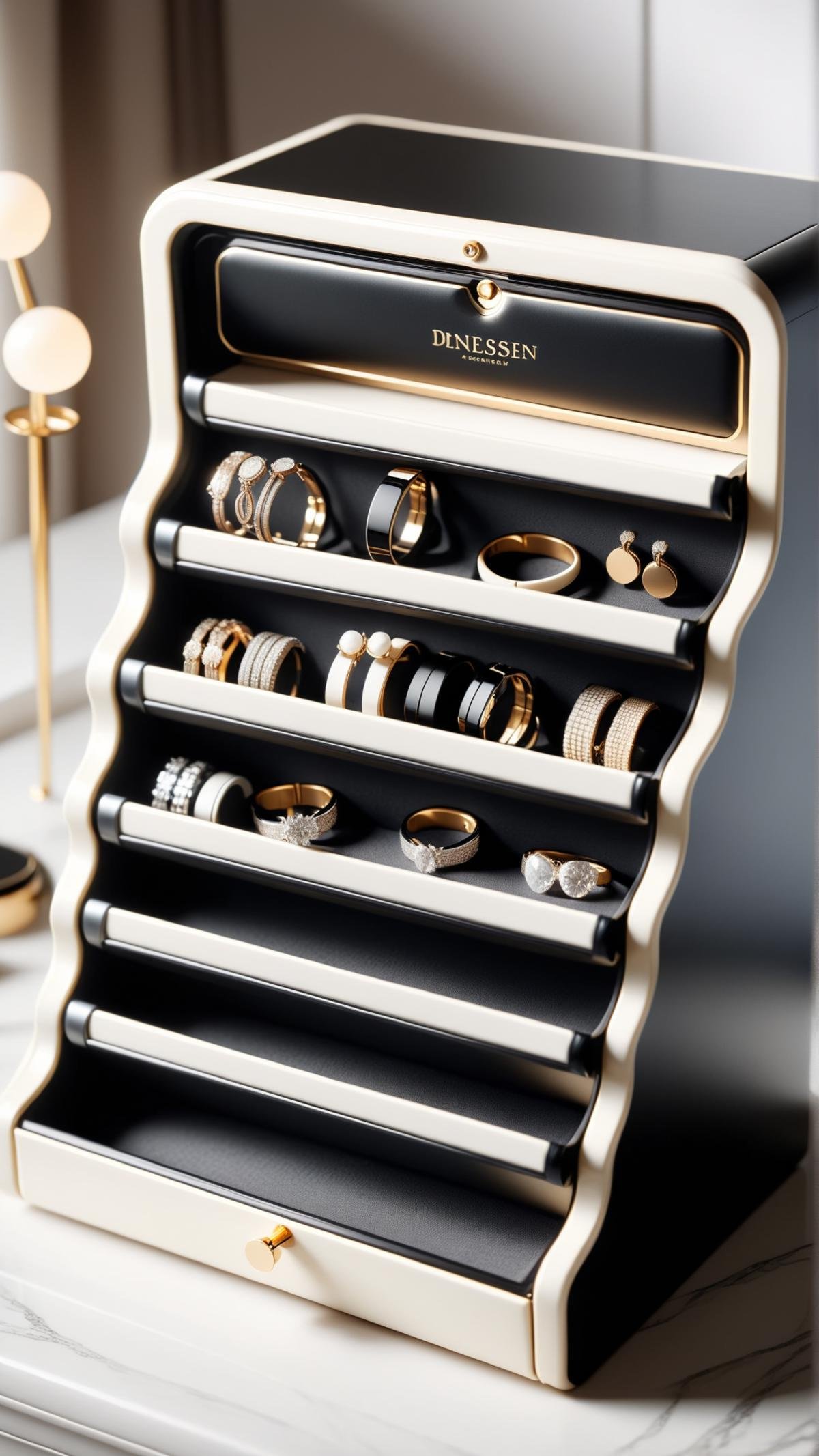 <lora:P14n03l3g4nt3b0n3XL:1>P14n03l3g4nt3b0n3 metal jewelry organizer with a modern touch, black, white, ebony, ivory, luxury, 24mm, (analog, cinematic, film grain:1.3), Bokeh DOF, (Masterpiece:1.3) (best quality:1.2) (high quality:1.1)