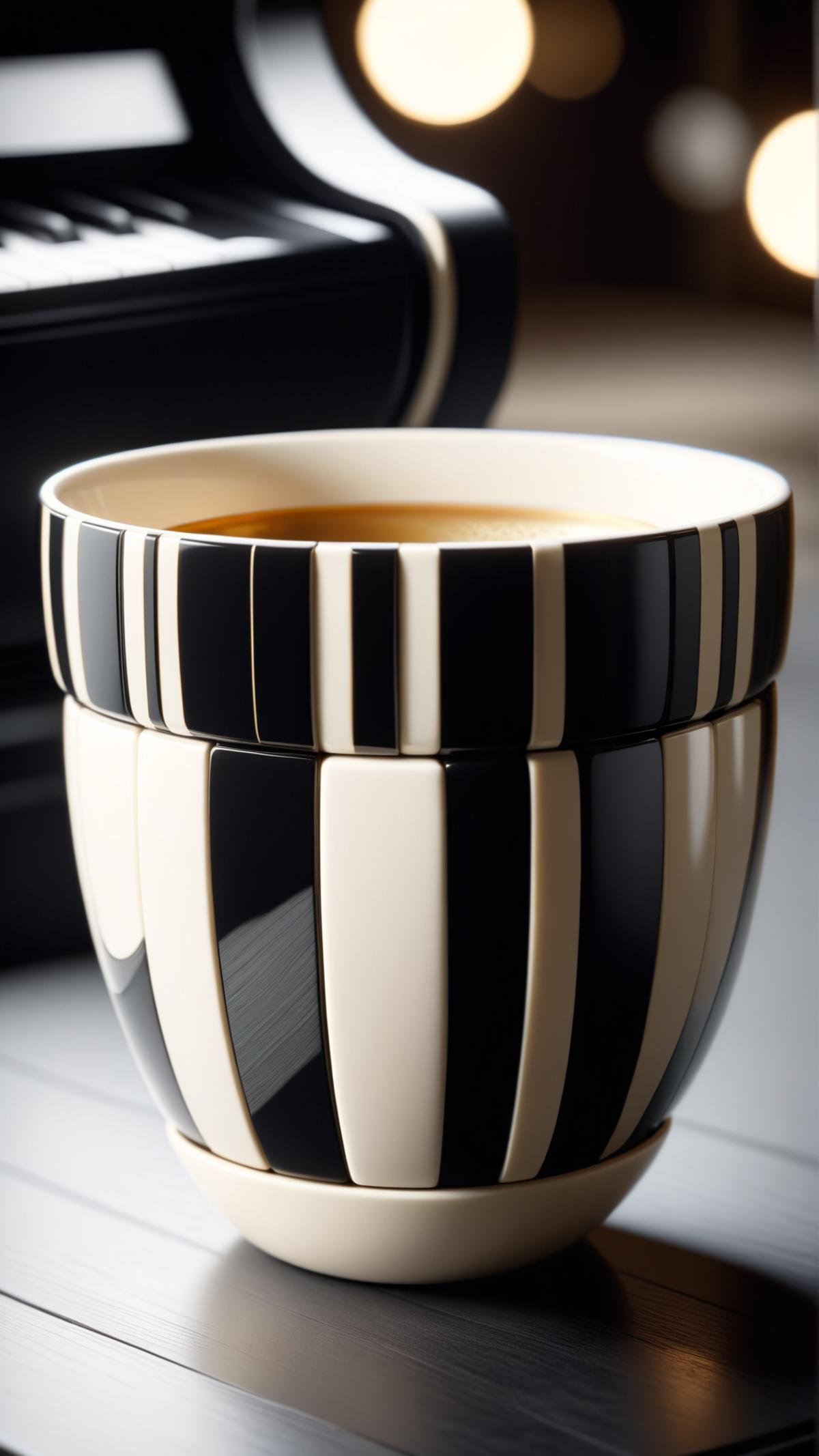 <lora:P14n03l3g4nt3b0n3XL:1>P14n03l3g4nt3b0n3 decorative cup, black, white, ebony, ivory, luxury, 24mm, (analog, cinematic, film grain:1.3), Bokeh DOF, (Masterpiece:1.3) (best quality:1.2) (high quality:1.1)