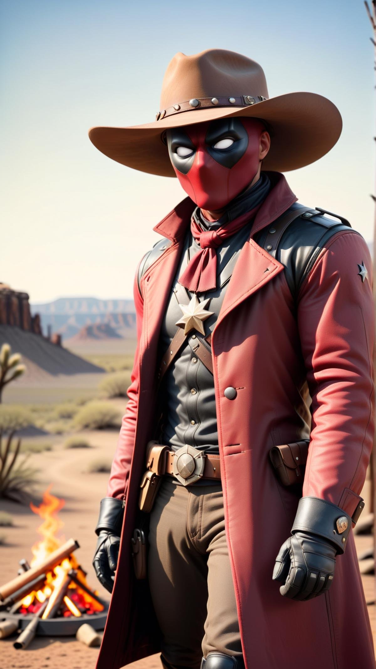 <lora:DeadpoolStyleXL:1>DeadpoolStyle portrait, (bloody scars:0.7), looking down, focus on character, solo, upper body, detailed face, (<lora:MusketPunkAI:0.6>, MusketPunkAI theme:1.1), renegade, wide brimmed hat, tilted hat, holster,  coat, sheriff badge, walking, gritty expression, 19th century wild west, american frontier, wild west era campsite with campfire in background, desert backdrop,  epic atmosphere, wind blowing,, 24mm, (analog, cinematic, film grain:1.3), Bokeh DOF, (Masterpiece:1.3) (best quality:1.2) (high quality:1.1)