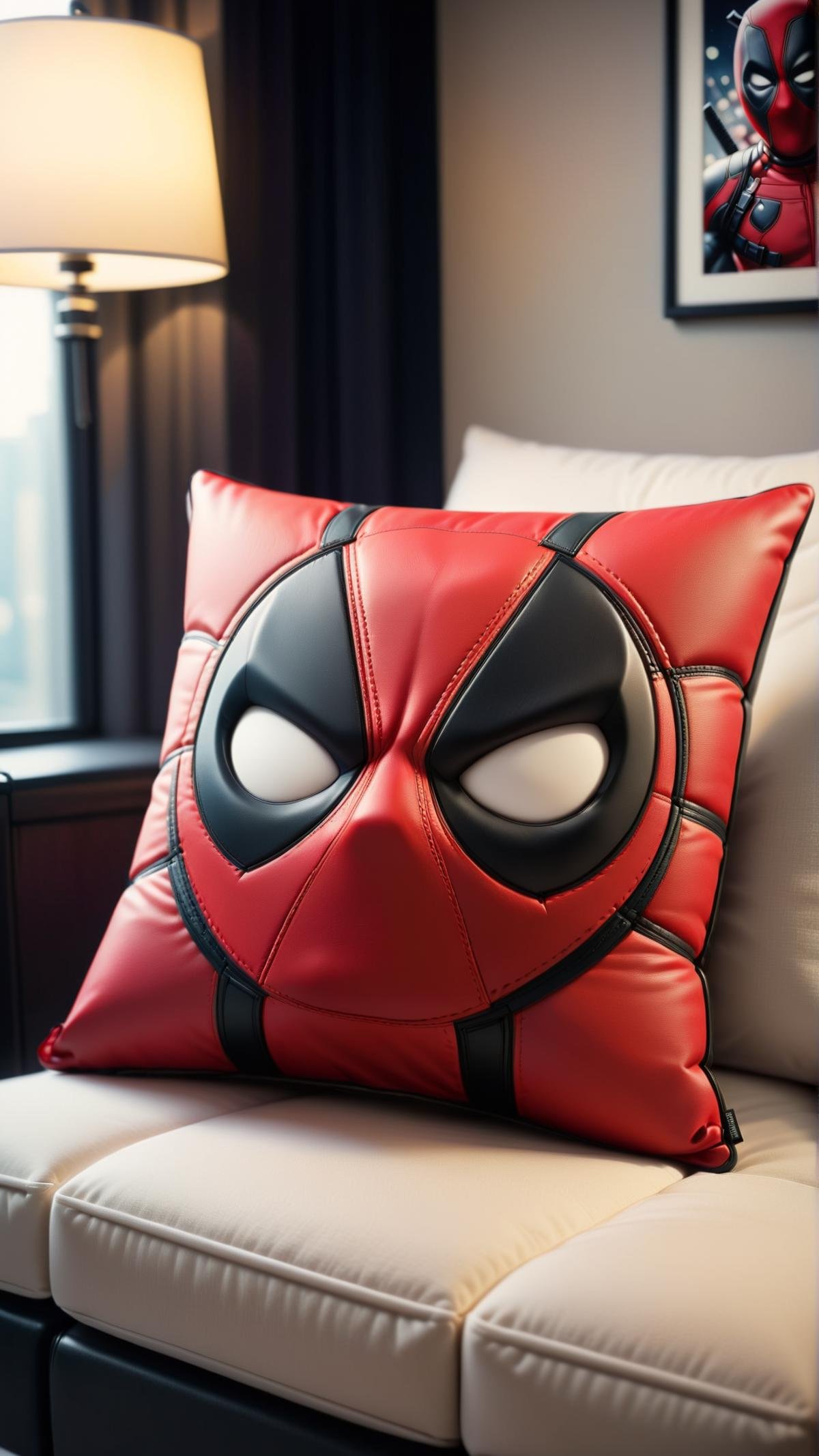 <lora:DeadpoolStyleXL:1>DeadpoolStyle pillow, 24mm, (analog, cinematic, film grain:1.3), Bokeh DOF, (Masterpiece:1.3) (best quality:1.2) (high quality:1.1)