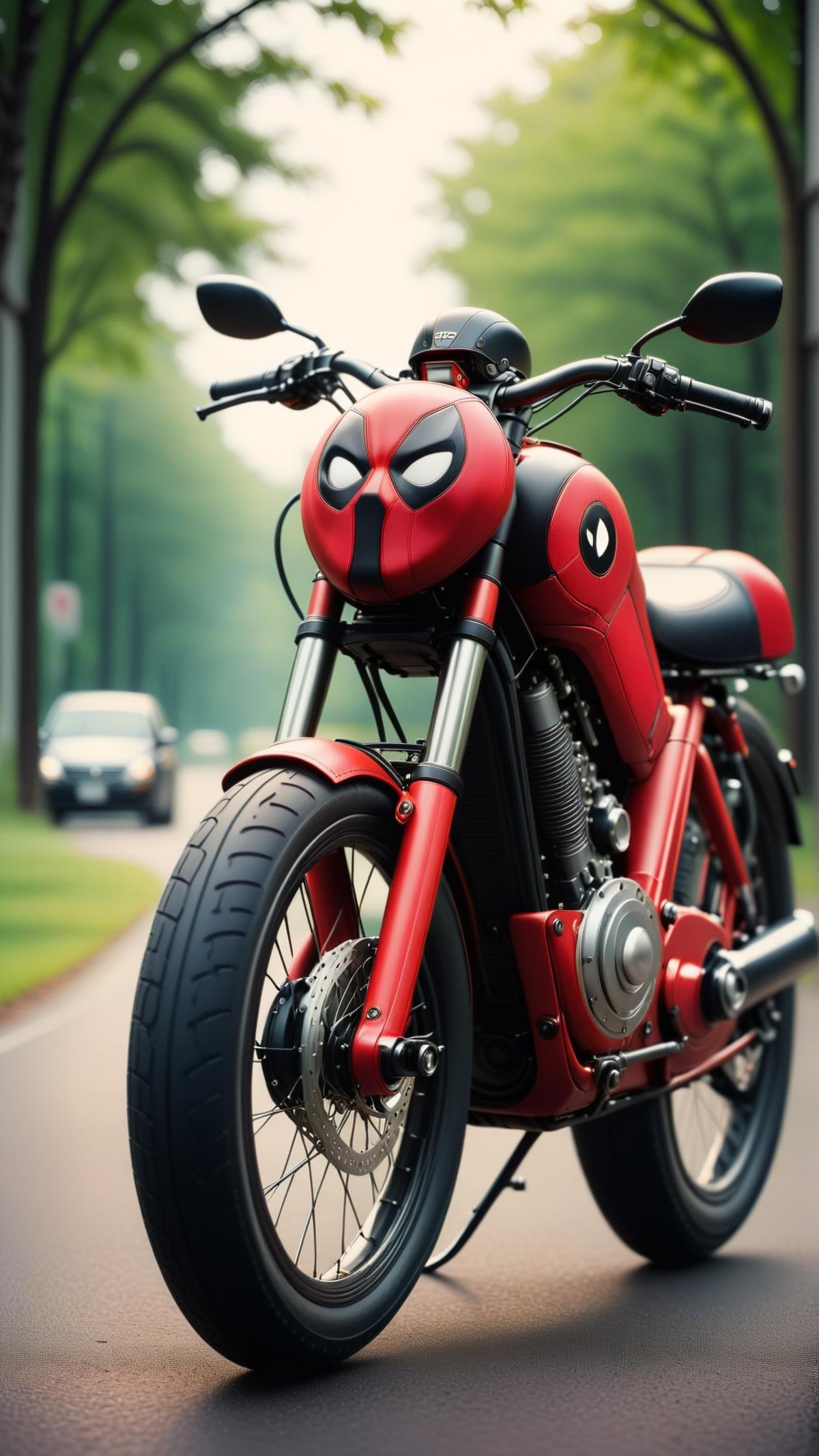 <lora:DeadpoolStyleXL:1>DeadpoolStyle bike, 24mm, (analog, cinematic, film grain:1.3), Bokeh DOF, (Masterpiece:1.3) (best quality:1.2) (high quality:1.1)