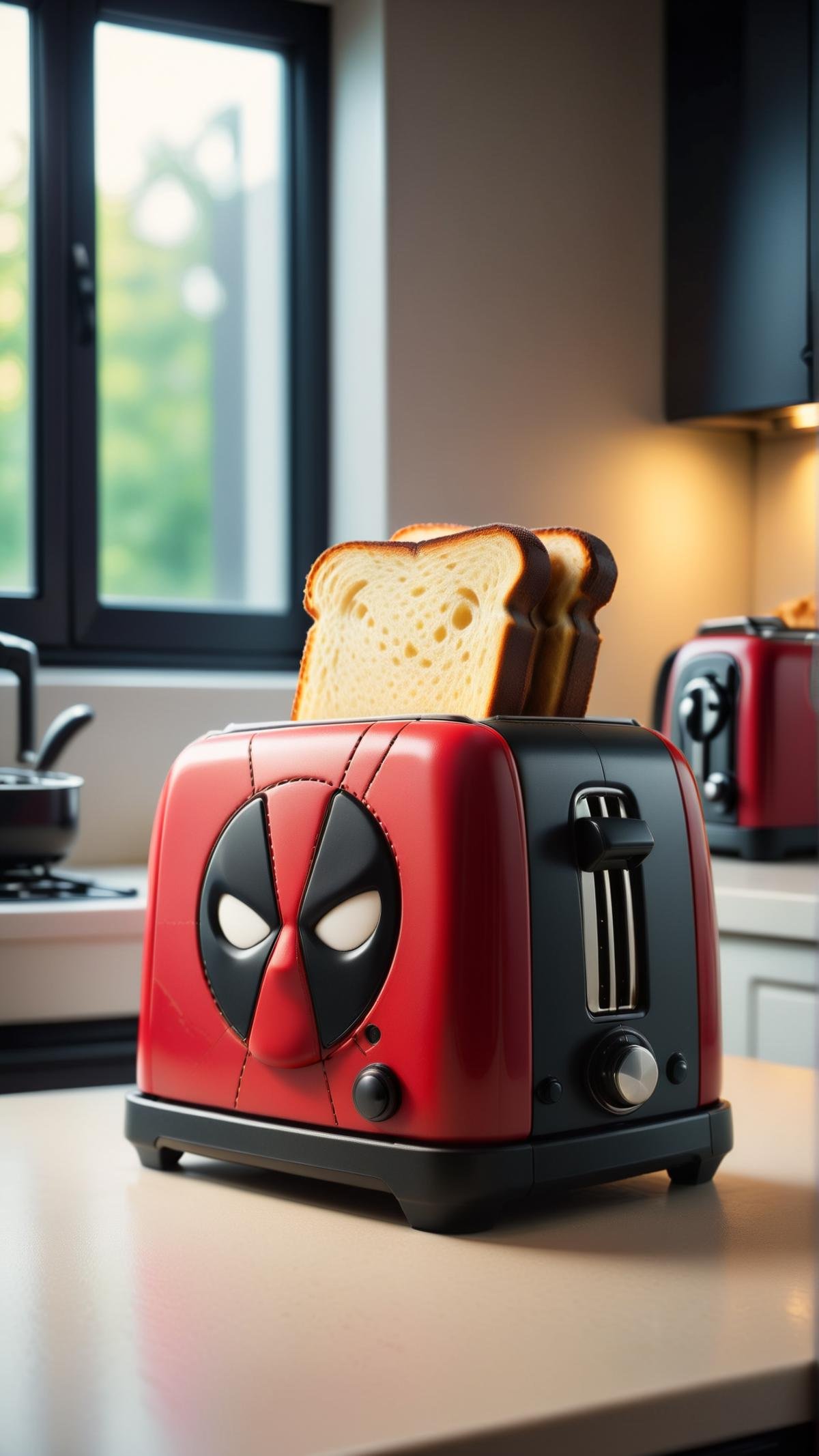 <lora:DeadpoolStyleXL:1>DeadpoolStyle toaster, 24mm, (analog, cinematic, film grain:1.3), Bokeh DOF, (Masterpiece:1.3) (best quality:1.2) (high quality:1.1)