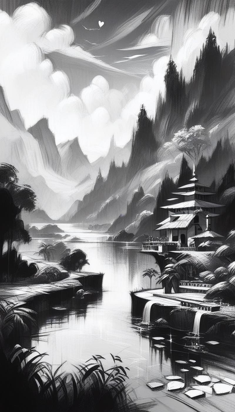 score_9, score_8_up, score_7_up, score_6_up, <lora:CharcoalDarkStylePony:1> CharcoalDarkStyle a tranquil pool in the heart of a dense, prehistoric rainforest, source_anime, dark, sketch, drawn with charcoal, monochrome, black and white, (Masterpiece:1.3) (best quality:1.2) (high quality:1.1)