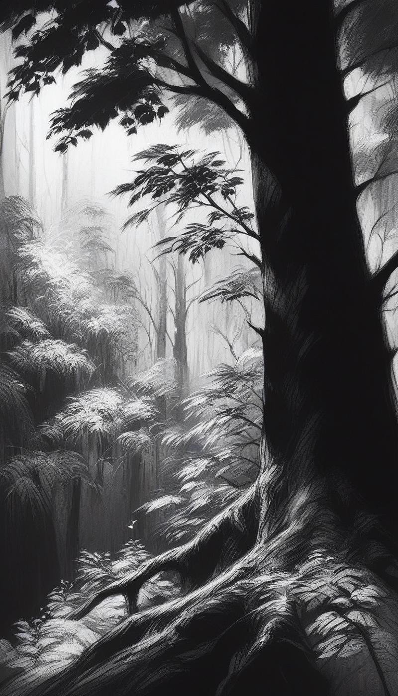 score_9, score_8_up, score_7_up, score_6_up, <lora:CharcoalDarkStylePony:1> CharcoalDarkStyle an iguana basking on a tree branch in a rainforest, source_anime, dark, sketch, drawn with charcoal, monochrome, black and white, (Masterpiece:1.3) (best quality:1.2) (high quality:1.1)
