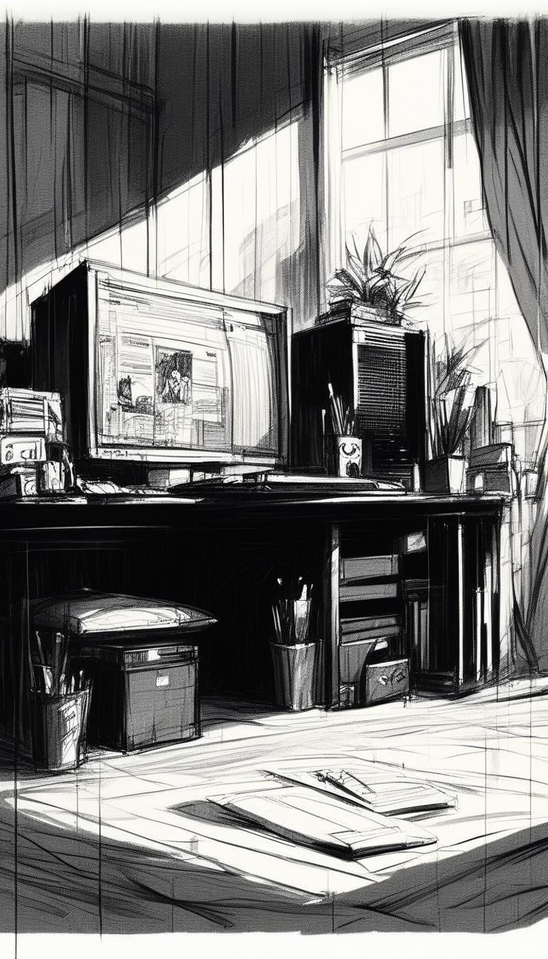 score_9, score_8_up, score_7_up, score_6_up, <lora:CharcoalDarkStylePony:1> CharcoalDarkStyle desktop computer, source_anime, dark, sketch, drawn with charcoal, monochrome, black and white, (Masterpiece:1.3) (best quality:1.2) (high quality:1.1)