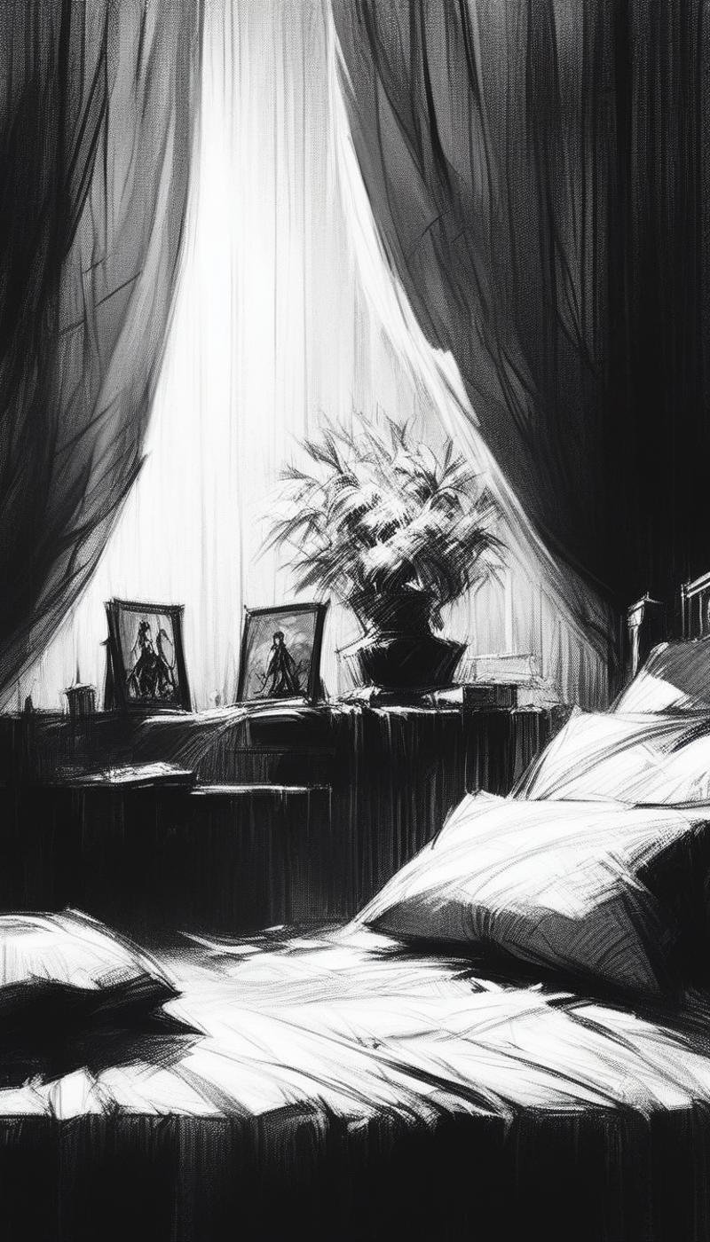 score_9, score_8_up, score_7_up, score_6_up, <lora:CharcoalDarkStylePony:1> CharcoalDarkStyle bed, source_anime, dark, sketch, drawn with charcoal, monochrome, black and white, (Masterpiece:1.3) (best quality:1.2) (high quality:1.1)