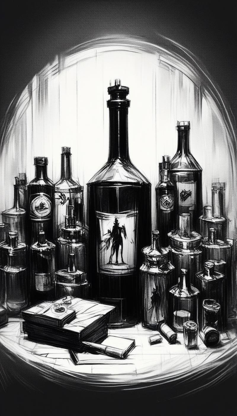 score_9, score_8_up, score_7_up, score_6_up, <lora:CharcoalDarkStylePony:1> CharcoalDarkStyle bottle, source_anime, dark, sketch, drawn with charcoal, monochrome, black and white, (Masterpiece:1.3) (best quality:1.2) (high quality:1.1)