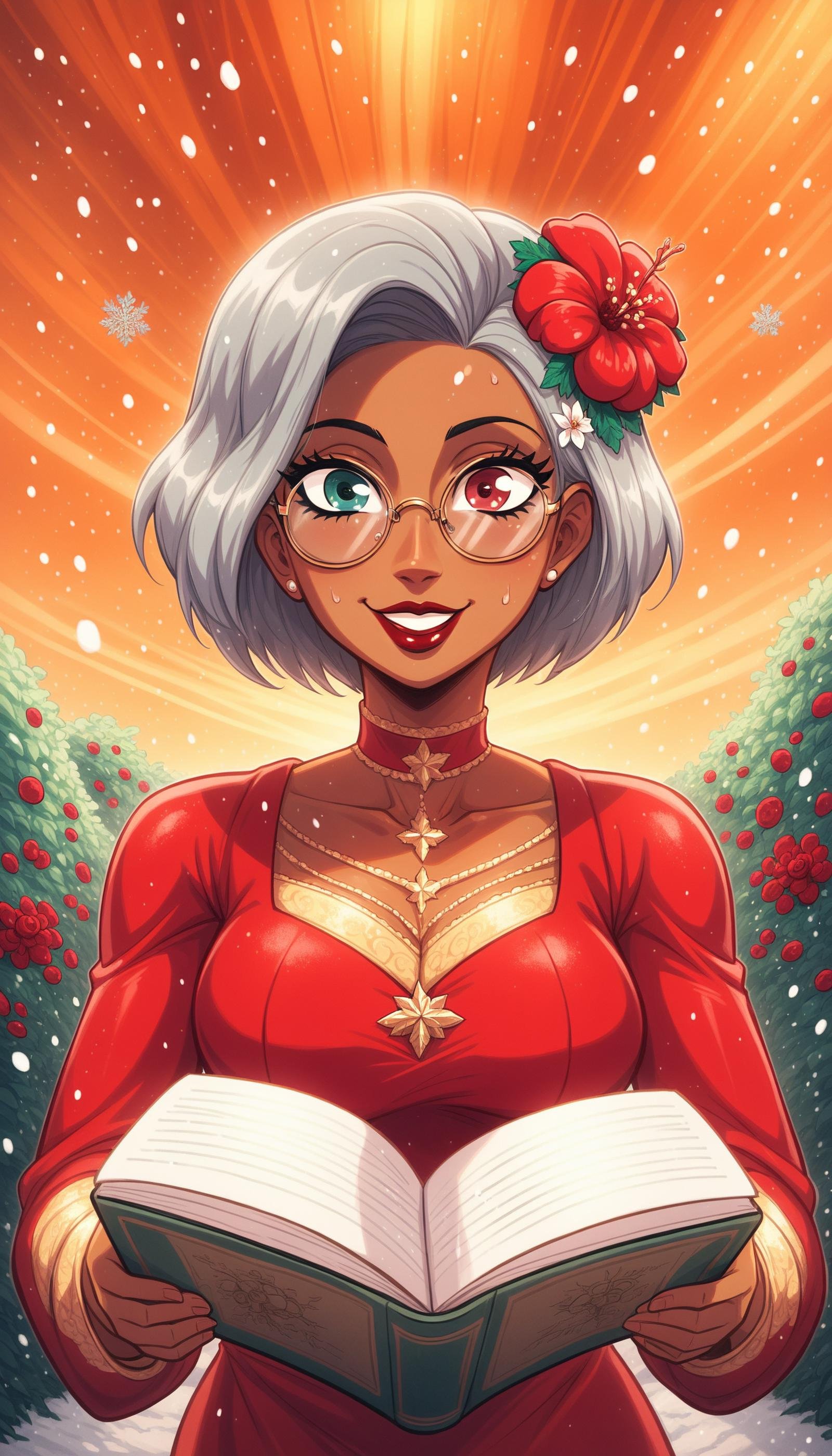 score_9, score_8_up, score_7_up, score_6_up, <lora:ChristmasWinteryPony:0.6> ChristmasWintery Portrait photography, African American, aged, woman, Short hair, Quiff hair, Frohawk, Gray hair, Hair flower, Round eyes, Heterochromia eyes, Reading glasses, Smiling lips, Burgundy lips, Oval face, No-makeup, Fearful, Beefy body, Twirling, Holding phone, Vintage dress, Harsh light, Crepuscular rays, Afternoon, Dark clouds, subtle beige background, Garden background, Sony Alpha 1, Full shot, Horizontal angle, snowing, cold, , snow on top, (Masterpiece:1.3) (best quality:1.2) (high quality:1.1)