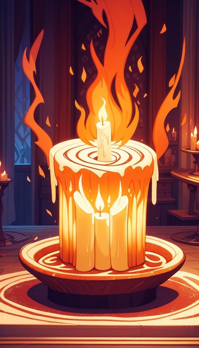 score_9, score_8_up, score_7_up, score_6_up, <lora:CinnamonBunStylePony:0.85> CinnamonBunStyle a candle being lit, the flame morphing into a burning city, (Masterpiece:1.3) (best quality:1.2) (high quality:1.1)