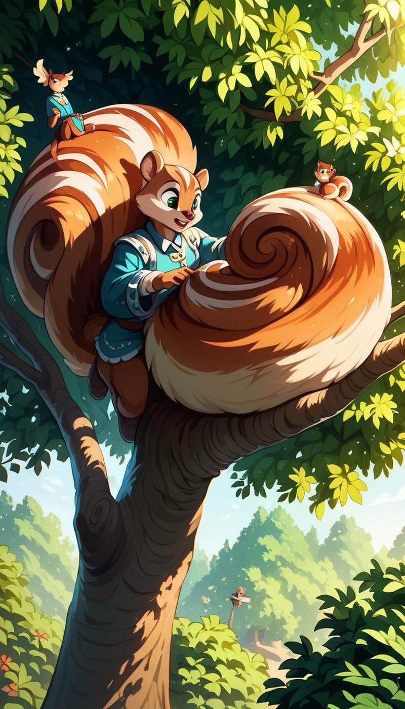 score_9, score_8_up, score_7_up, score_6_up, <lora:CinnamonBunStylePony:0.85> CinnamonBunStyle a curious squirrel perched on a tree branch, nibbling on an acorn, (Masterpiece:1.3) (best quality:1.2) (high quality:1.1)