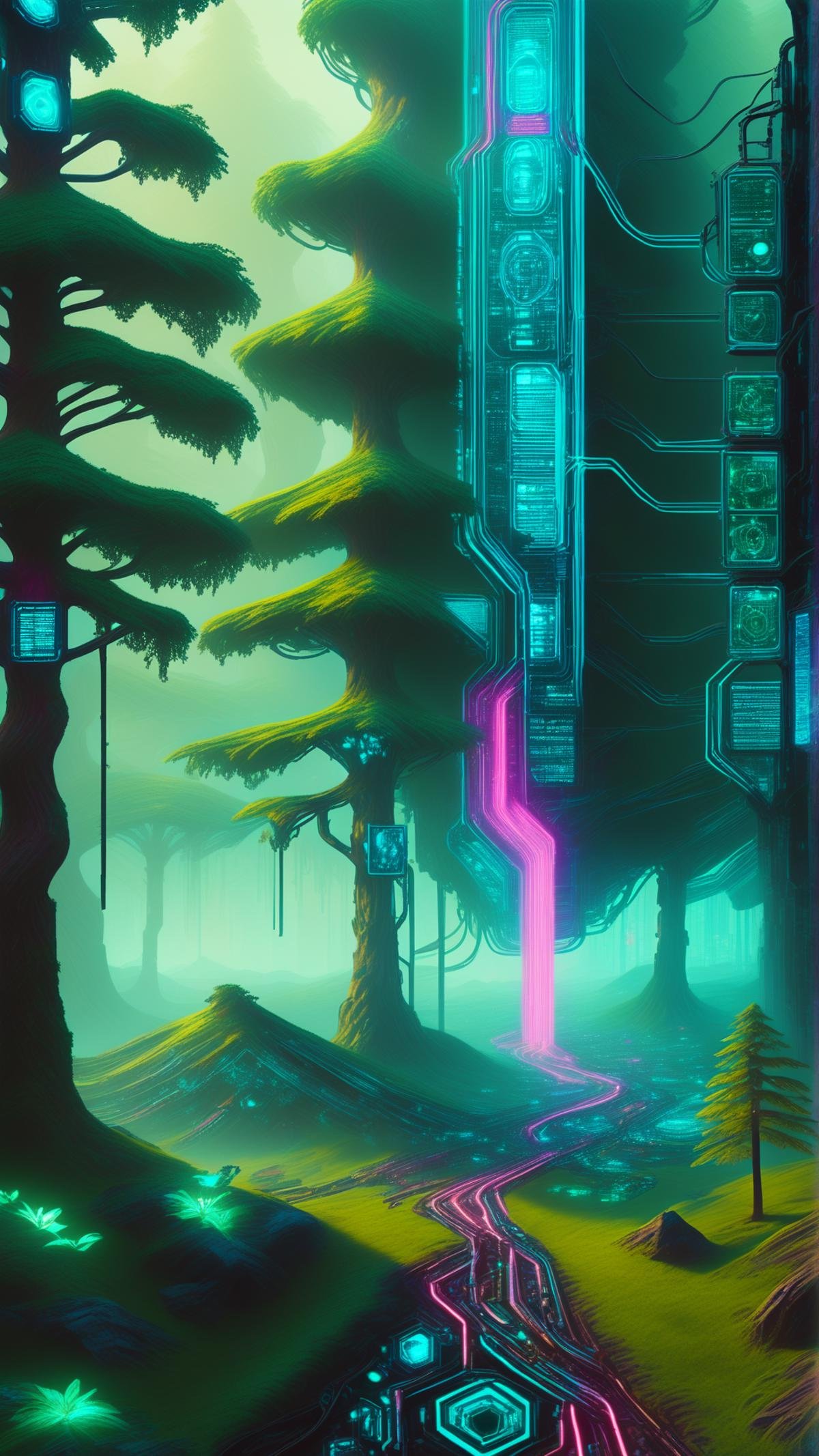 score_9, score_8_up, score_7_up, score_6_up, <lora:CyberpunkWorldPony:1> CyberpunkWorld soft beds of moss cushioning the forest floor, cyberpunk, neon lights, glow, blue tone, sci fi, tech, (Masterpiece:1.3) (best quality:1.2) (high quality:1.1)