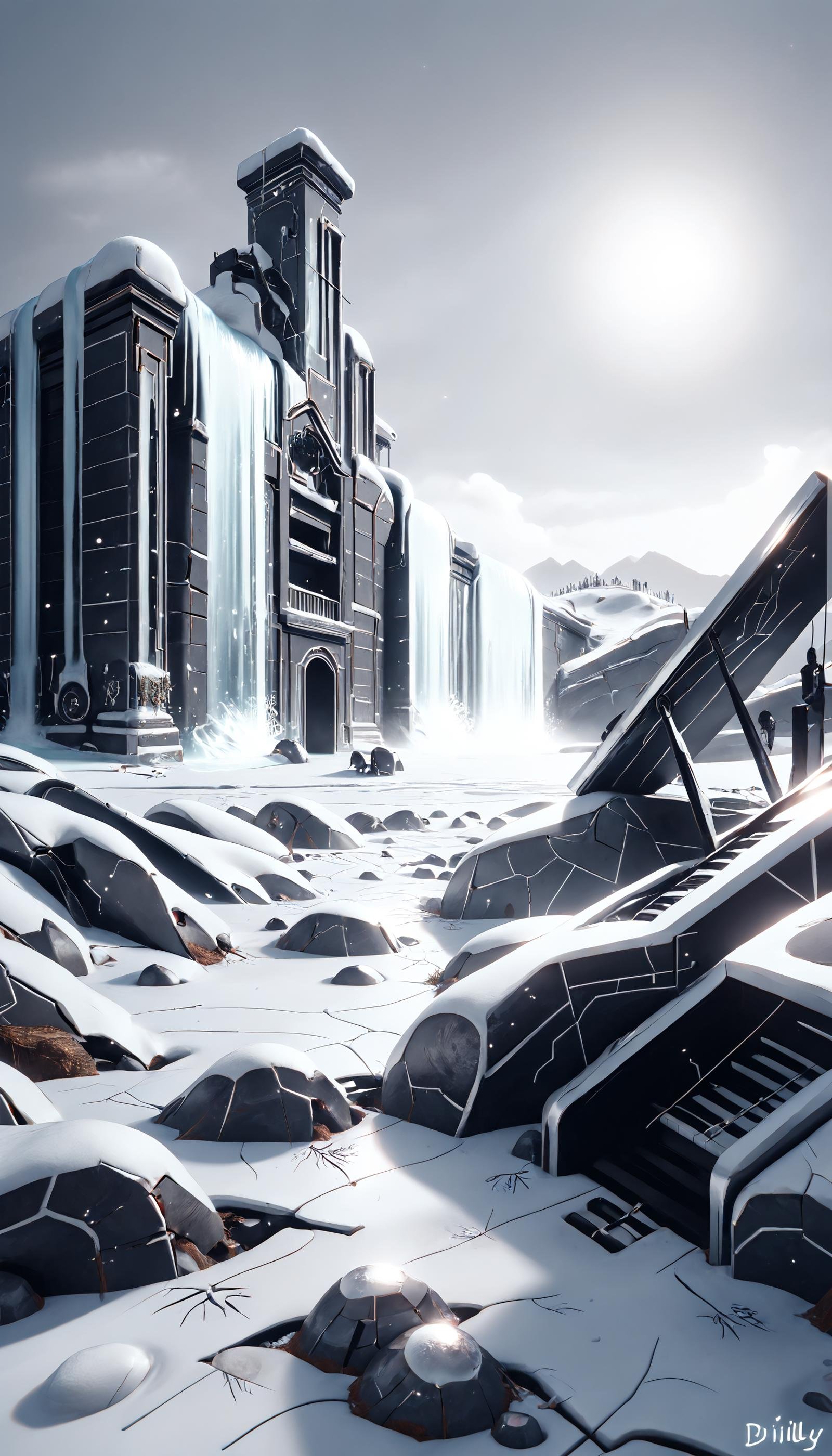 score_9, score_8_up, score_7_up, score_6_up, score_5_up, <lora:PianoStylePony:0.8> elegant, luxury, reflective, PianoStyle 3D rendered image of a giant robot cemetery, with a massive frozen waterfall in the background, leading to a hidden world, Snowy mountain range in the background, dimly lit, Blue hue, Overcast weather, Rusty robots, Tall grass, Moody atmosphere, Abandoned, Snow and ice covering the ground, Cracked robot parts, Stone and concrete structures, ebony & ivory, <lora:Smooth Style 2 SDXL_LoRA_Pony Diffusion V6 XL:0.75> <lora:add-detail-xl:1.5>, (Masterpiece:1.3) (best quality:1.2) (high quality:1.1)