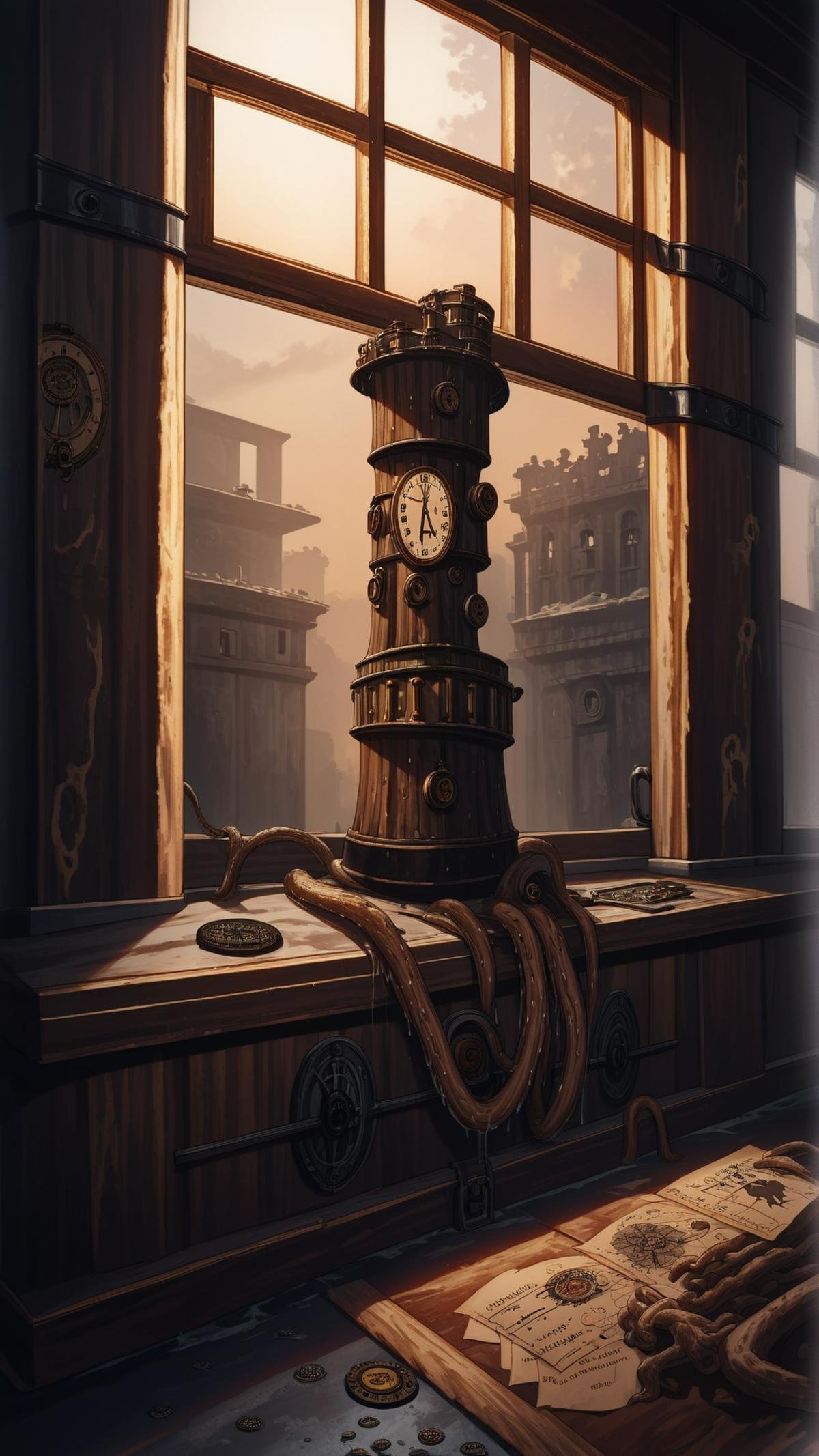 score_9, score_8_up, score_7_up, score_6_up, source_anime, rating_safe, <lora:DavyJonesLockerStylePony:1> steampunk, DavyJonesLockerStyle Realistic oil painting, ancient manuscript, timeworn compass, dusty map, dimly lit, warm colors, weathered parchment, texture, intricate designs, archaeological dig, adventure, mystery, exploration, intrigue, detailed brushwork, chiaroscuro, masterful shading, vibrant yet muted tones, evocative atmosphere, horror (theme), wet, tentacles, (Masterpiece:1.3) (best quality:1.2) (high quality:1.1)