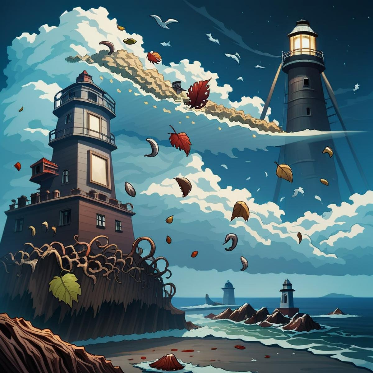 score_9, score_8_up, score_7_up, score_6_up, score_5_up, <lora:DavyJonesLockerStylePony:1> mold, DavyJonesLockerStyle digital painting, motion blur, wind, leaf, journey, loneliness, lighthouse, keeper, journal, rough sea, rocks, cliff, stormy weather, night, full moon, clouds, seagulls, waves, driftwood, old lantern, parchment, quill, ink, melancholy, isolation, solitude, horror (theme), wet, tentacles, (Masterpiece:1.3) (best quality:1.2) (high quality:1.1)