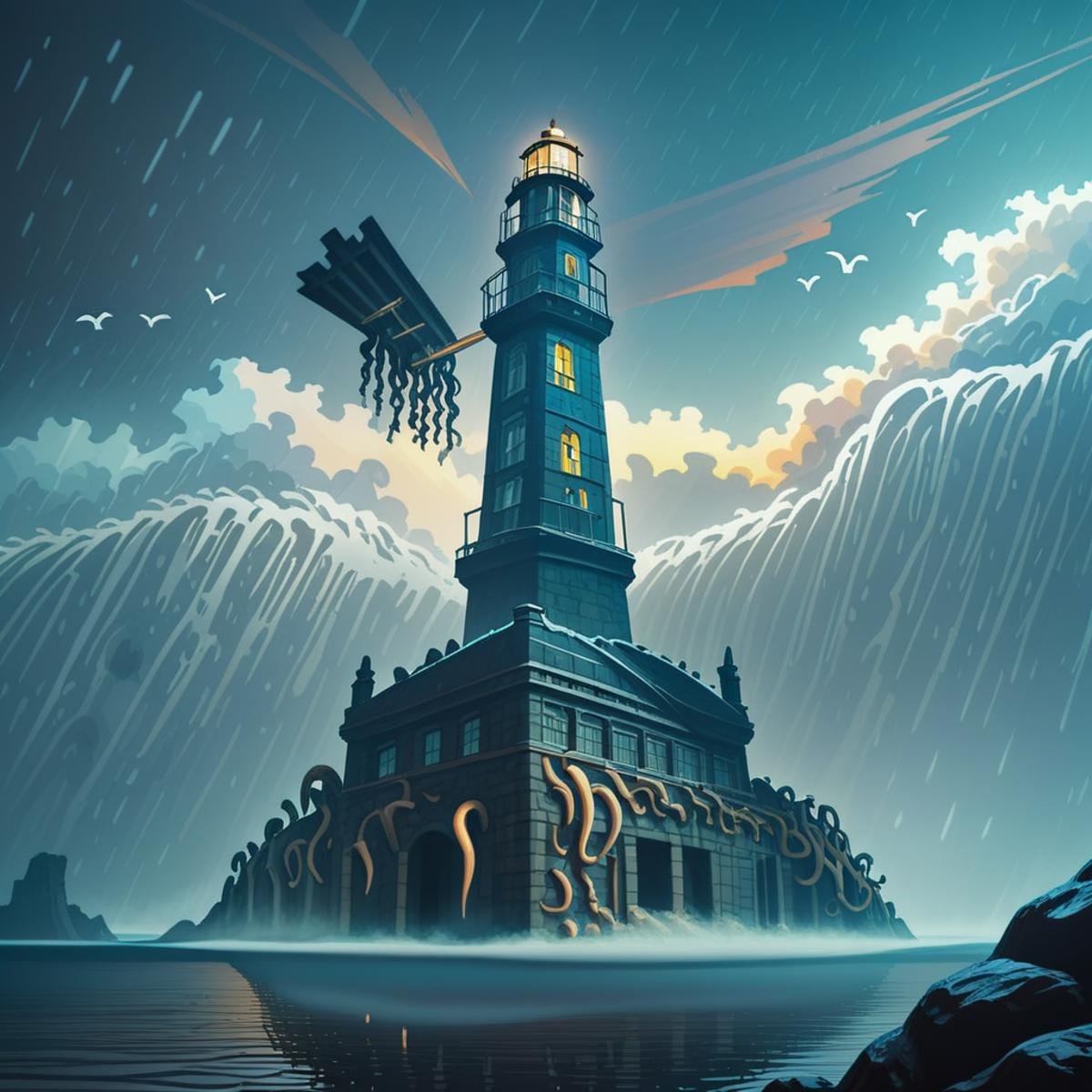 score_9, score_8_up, score_7_up, score_6_up, score_5_up, <lora:DavyJonesLockerStylePony:1> mold, DavyJonesLockerStyle Realistic oil painting, timeworn lighthouse, standing tall amidst crashing waves, foggy weather, lanterns illuminating the path, rustic textures, weathered stone, metal railings, old wooden door, seagulls flying in the distance, moody atmosphere, dramatic side-lighting, vibrant sunset colors, orange, yellow, red hues, rocky shore, wild sea, stormy sky, impressive architecture, detailed bricks, intricate carvings, sense of history, powerful and majestic, high resolution, art print, wall decor, stunning artwork, breathtaking scenery, masterpiece, horror (theme), wet, tentacles, (Masterpiece:1.3) (best quality:1.2) (high quality:1.1)