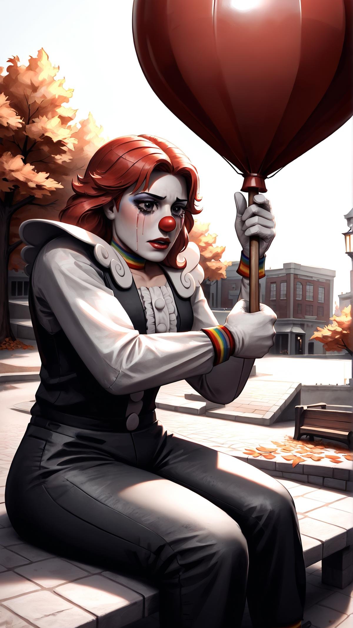 score_9, score_8_up, score_7_up, score_6_up, score_5_up, <lora:NESStylePony:0.9> NESStylePony A realistic oil painting of a clown with a sad expression, sitting alone on a park bench, holding a red balloon, surrounded by autumn leaves, muted colors, soft lighting, melancholic atmosphere, vintage clothes, rustic bench, cobblestone street in the background, focus on the clown's face, detailed facial features, wrinkles, weathered face, tears in the clown's eyes, empty street, quiet, night time, street lamps, blurred background, watercolor effects, detailed paintbrush strokes, oil on canvas, museum-quality, detailed shadows, high-resolution, detailed texture, emotional, thought-provoking, evocative, captivating, emotional depth, emotional expression, deep in thought, deep focus, emotional painting style, masterpiece, capturing the essence of loneliness, capturing the essence of sorrow, capturing the essence of longing, capturing the essence of nostalgia, capturing the essence of the clown's inner feelings, capturing the essence of the clown's dreams, capturing the clown's eyes, capturing the clown's soul, capturing the clown's heart, capturing the clown's spirit, capturing the clown's psyche, capturing the clown's melancholy, capturing the clown's vulnerability, capturing the clown's essence, a thousand eyes, <lora:Smooth Style 2 SDXL_LoRA_Pony Diffusion V6 XL:0.75> <lora:add-detail-xl:1.5>, Nintendo design, gray, red, (Masterpiece:1.3) (best quality:1.2) (high quality:1.1)