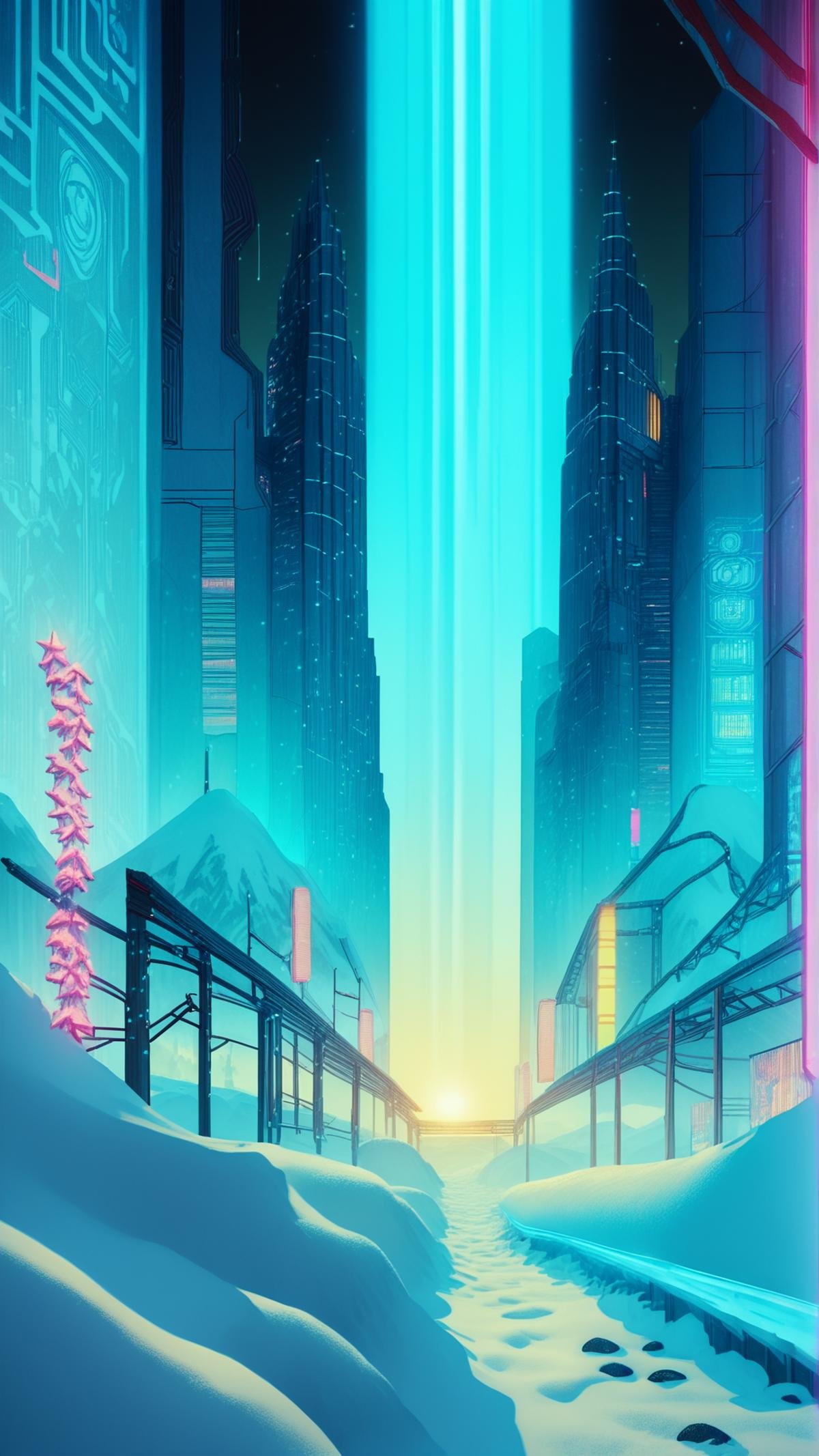 score_9, score_8_up, score_7_up, score_6_up, <lora:C7b3rp0nkStylePony:1> C7b3rp0nkStyle a snow covered spiritual shrine in the middle of mystic mountains, cyberpunk, neon lights, glow, blue tone, sci fi, tech, (Masterpiece:1.3) (best quality:1.2) (high quality:1.1)