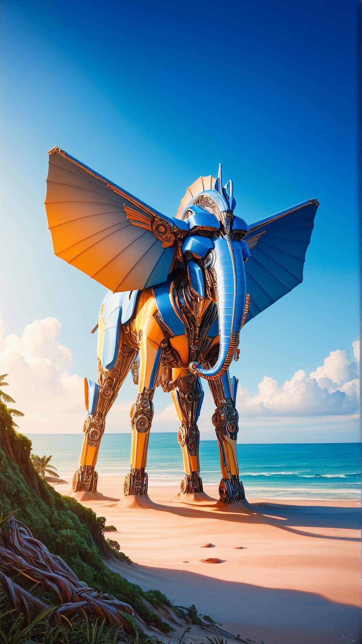 score_9, score_8_up, score_7_up, score_6_up, score_5_up, <lora:TransformersStylePony:0.9> TransformersStyle Realistic oil painting of a massive hourglass on a sandy beach during sunset, golden sand, clear blue water, jagged cliffs in the distance, orchestra of wildlife including birds, monkeys, elephants, and lions in the surrounding forest, serene and peaceful atmosphere, vibrant colors, high-quality, detailed, masterpiece, captivating, hi-tech, sci-fi, technology, metallic, <lora:OmarDogan_XLv1:0.5> traditional media, marker \(medium\) <lora:add-detail-xl:1.5>, (Masterpiece:1.3) (best quality:1.2) (high quality:1.1)