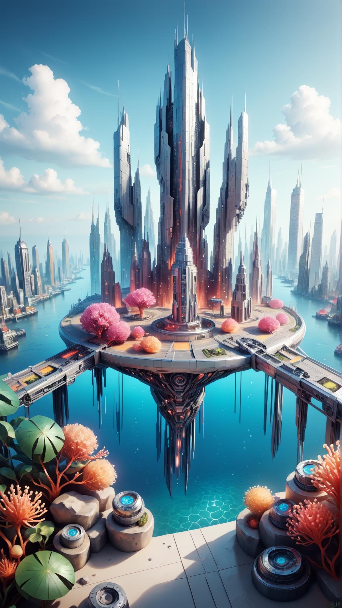 score_9, score_8_up, score_7_up, score_6_up, score_5_up, <lora:TransformersStylePony:0.9> TransformersStyle A 3D rendered image of an underwater city, with bubbles surrounding the buildings as if they were dandelion seeds, gently floating in a breeze. The city should have a serene and peaceful atmosphere, with a color palette of blues and greens. The architecture of the city should be a mix of futuristic and organic elements, with coral-like structures supporting the buildings. The city should be bustling with aquatic life, with fish and other sea creatures swimming around and through the buildings. The image should be taken from a slightly elevated angle, giving the viewer a sense of the scale and expanse of the city., hi-tech, sci-fi, technology, metallic, <lora:Realistic_2.5DAnime_Merge1:0.7> <lora:add-detail-xl:1.5>, (Masterpiece:1.3) (best quality:1.2) (high quality:1.1)