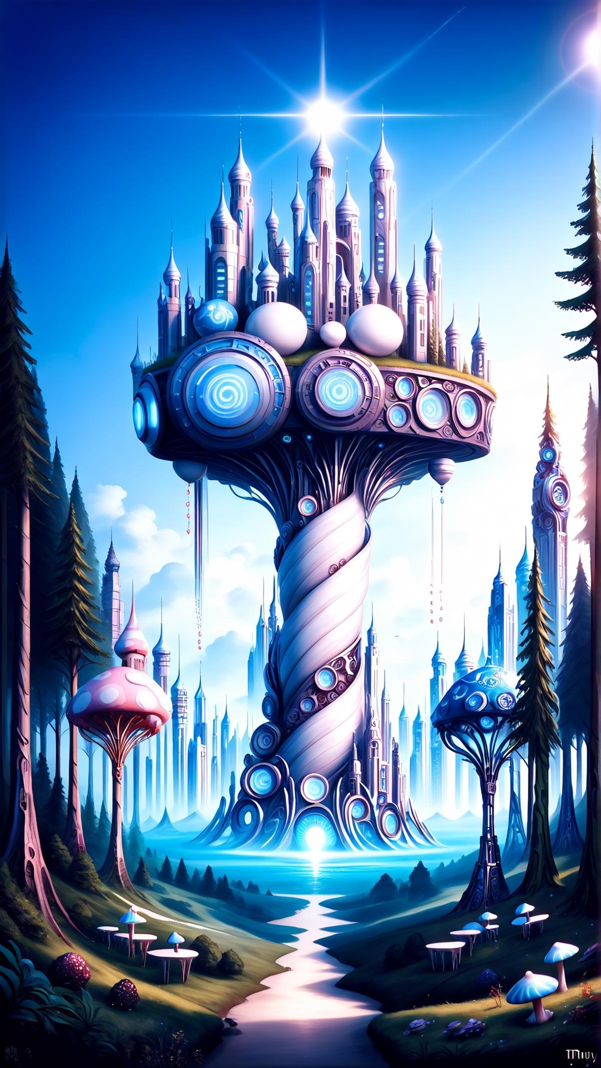 score_9, score_8_up, score_7_up, score_6_up, score_5_up, <lora:TransformersStylePony:0.9> TransformersStyle Surrealist painting, whimsical, dreamlike, forest, sapphire city, tea party, oversized mushrooms, glowing flora, pastel colors, glittering cityscape, floating teapots, levitating cakes, humanoid animals, elegant attire, warm ambiance, dappled sunlight, watercolor textured, fantastical, enchanting, detailed, ornate, mysterious, intricate, Alice in Wonderland, detailed background, magical realism, surreal surrealism, fine art, conceptual art, surreal fantasy, hi-tech, sci-fi, technology, metallic, <lora:Smooth Style 2 SDXL_LoRA_Pony Diffusion V6 XL:0.75> <lora:add-detail-xl:1.5>, (Masterpiece:1.3) (best quality:1.2) (high quality:1.1)