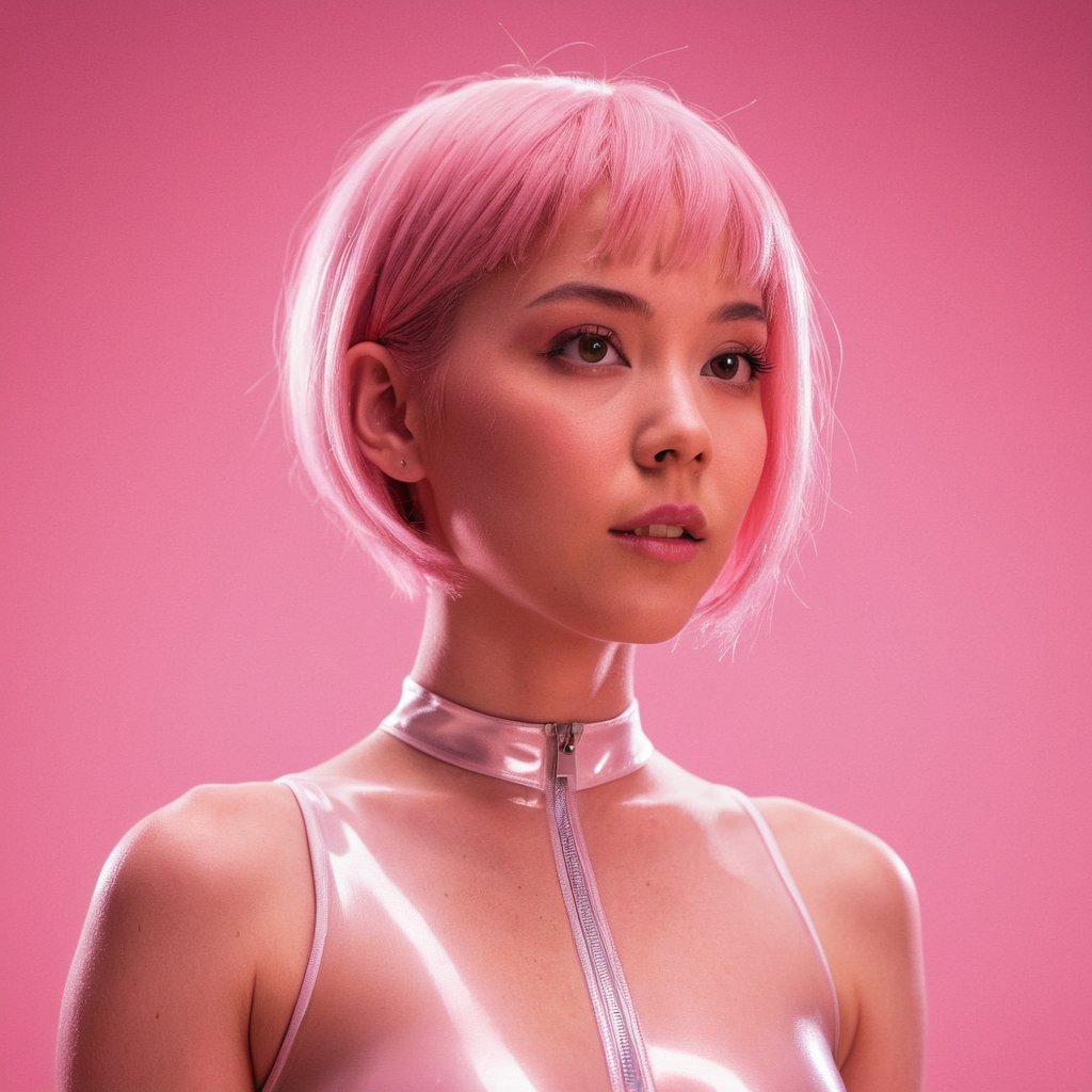 from side ,beautiful girl, glowing eyes, very short straight pink hair, Blush pink Cutout Bodysuit with Zipper, Dynamic pose, Otherworldly Glow, Lens Blur, plain pink background, Volumetric Lighting, Anti-Aliasing, Intricate, Zoom Blur, high contrast, Detailed, Movie Still, Film Still, Cinematic, Cinematic Shot, Cinematic Lighting,, zavy-rmlght
,fuzzy, rim light
