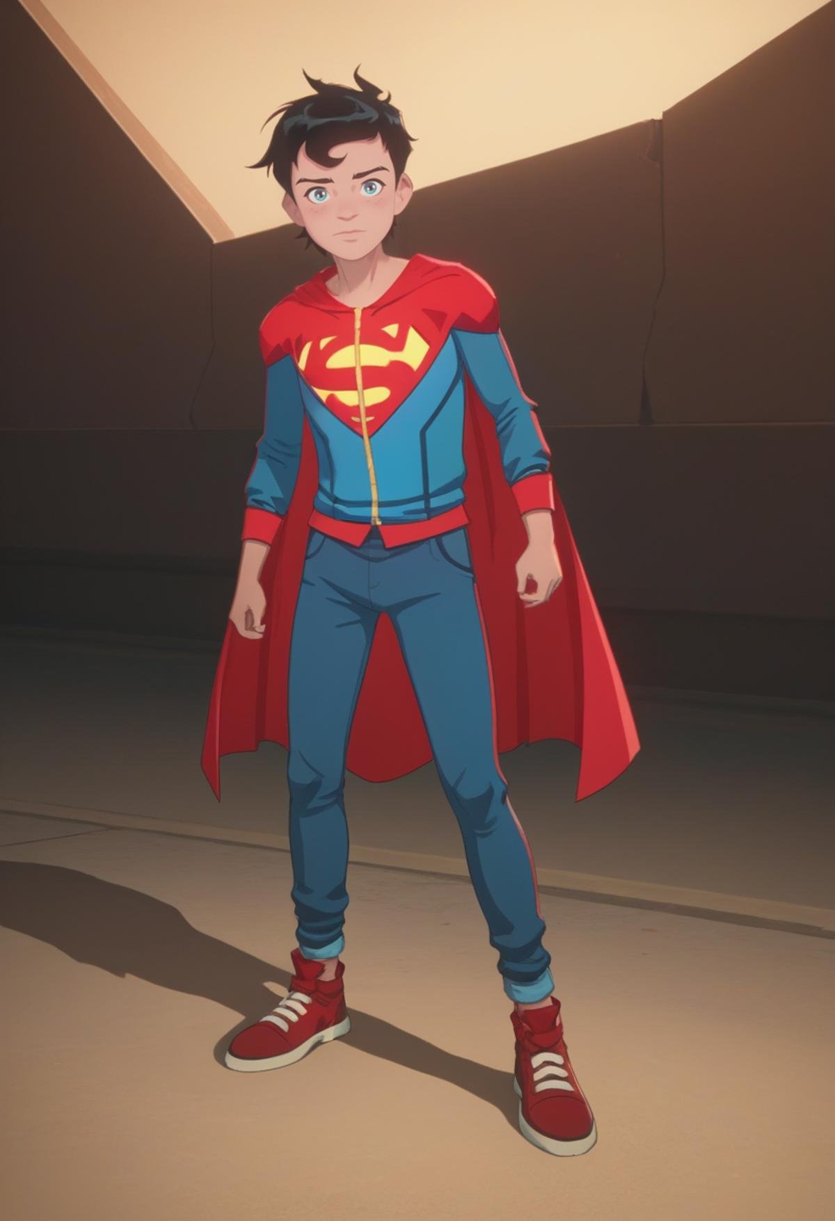 score_9, score_8_up, score_7_up, source_anime, masterpiece, best quality,detailed,intricate details, amazing quality, best aesthetic, absurdres, superboy, black hair, blue eyes, blue jacket, red cape, blue pants, red shoes<lora:EMS-387969-EMS:1.000000>