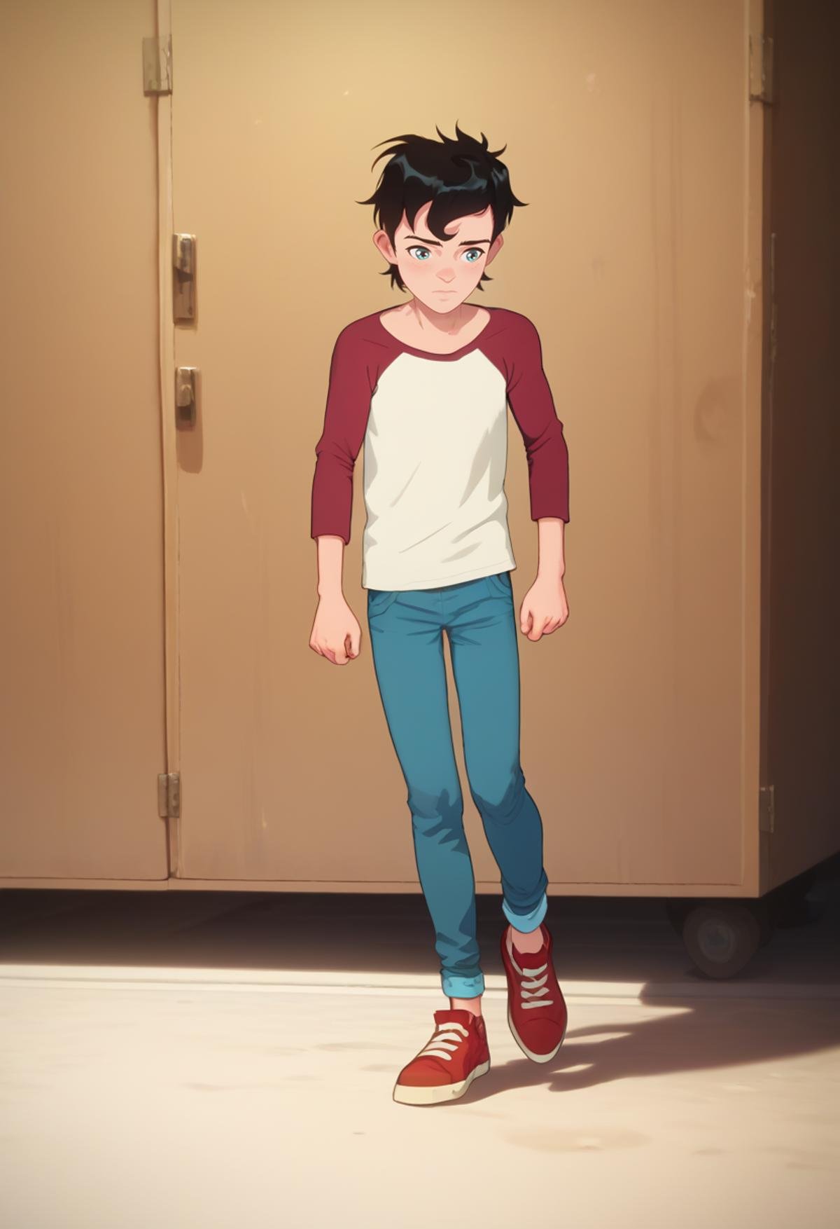 score_9, score_8_up, score_7_up, masterpiece, best quality,detailed,intricate details, amazing quality, best aesthetic, absurdres, jon kent, black hair, blue eyes, raglan sleeves, red shirt, blue pants, red shoes<lora:EMS-387969-EMS:1.000000>