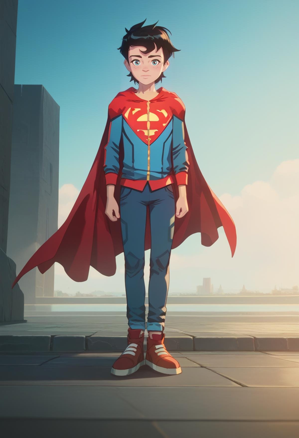 score_9, score_8_up, score_7_up, masterpiece, best quality,detailed,intricate details, amazing quality, best aesthetic, absurdres, superboy, black hair, blue eyes, blue jacket, red cape, blue pants, red shoes<lora:EMS-387969-EMS:1.000000>