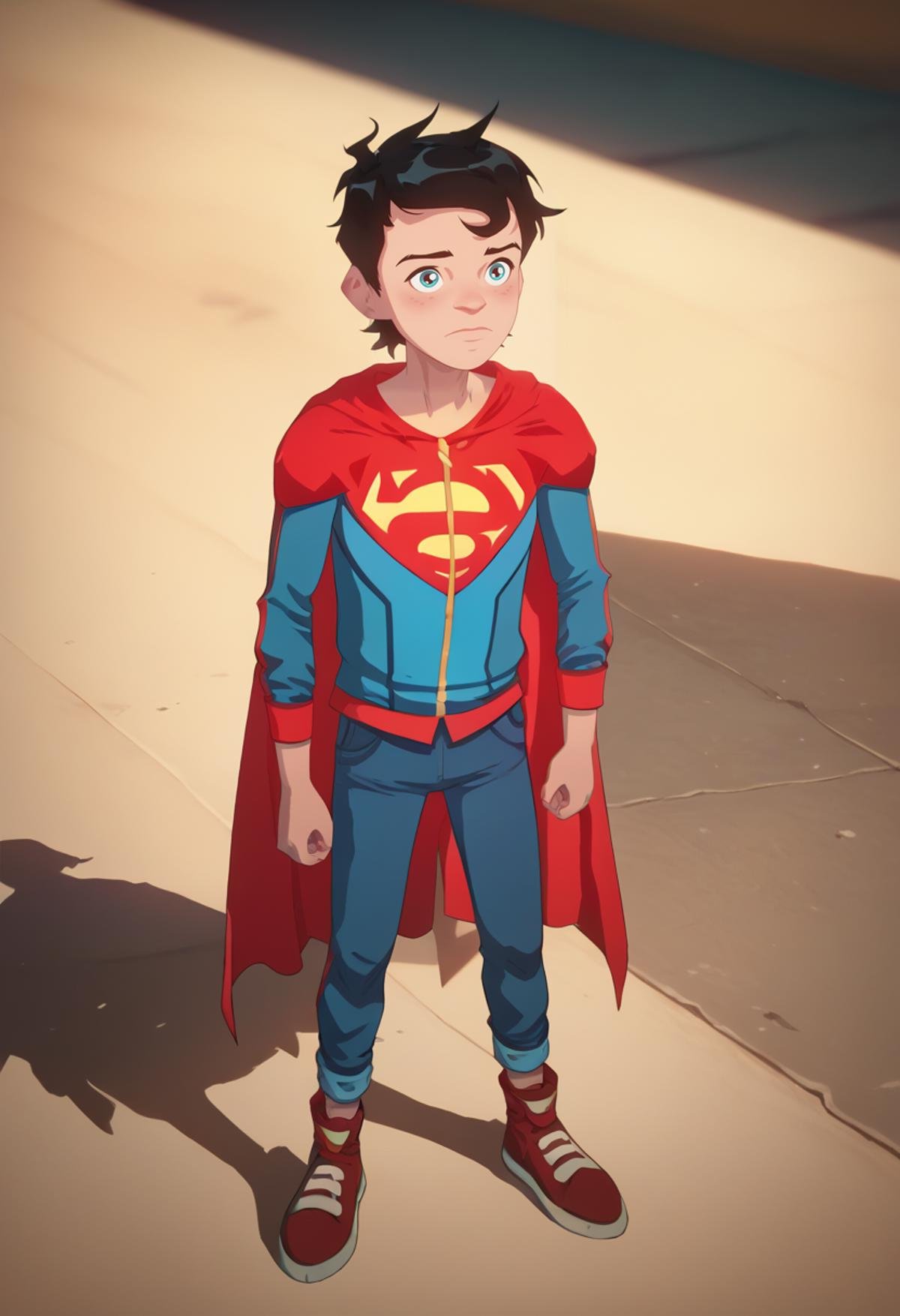 score_9, score_8_up, score_7_up, masterpiece, best quality,detailed,intricate details, amazing quality, best aesthetic, absurdres, superboy, black hair, blue eyes, blue jacket, red cape, blue pants, red shoes, solo<lora:EMS-387969-EMS:1.000000>