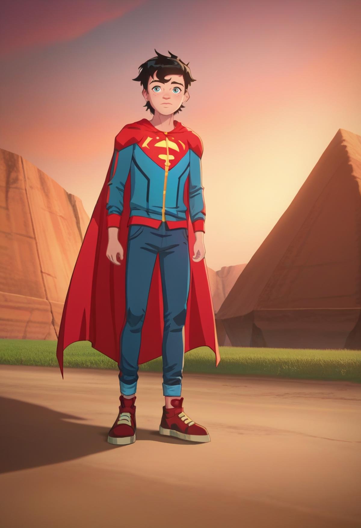 score_9, score_8_up, score_7_up, masterpiece, best quality,detailed,intricate details, amazing quality, best aesthetic, absurdres, superboy, black hair, blue eyes, blue jacket, red cape, blue pants, red shoes, solo<lora:EMS-387969-EMS:1.000000>