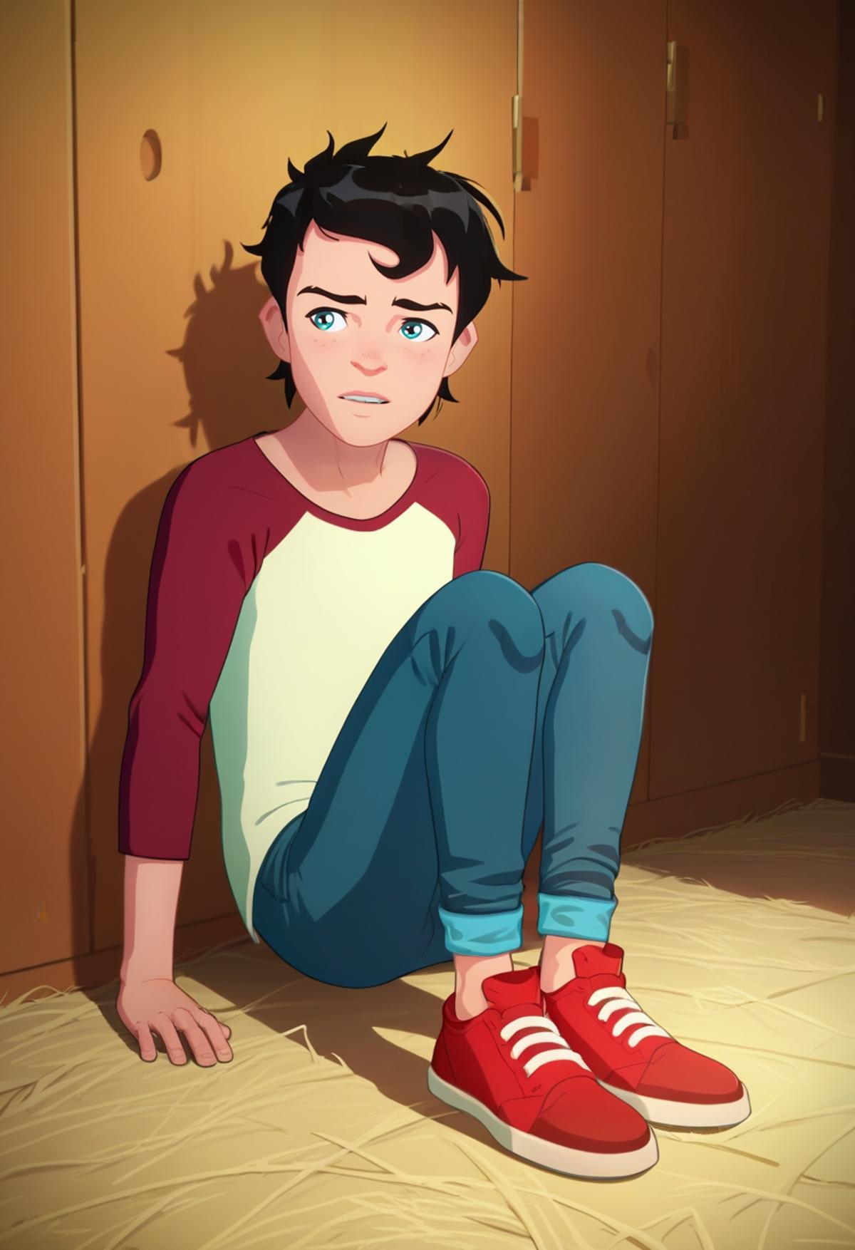 score_9, score_8_up, score_7_up, masterpiece, best quality,detailed,intricate details, amazing quality, best aesthetic, absurdres, jon kent, black hair, blue eyes, raglan sleeves, red shirt, blue pants, red shoes, source_cartoon<lora:EMS-387969-EMS:1.000000>